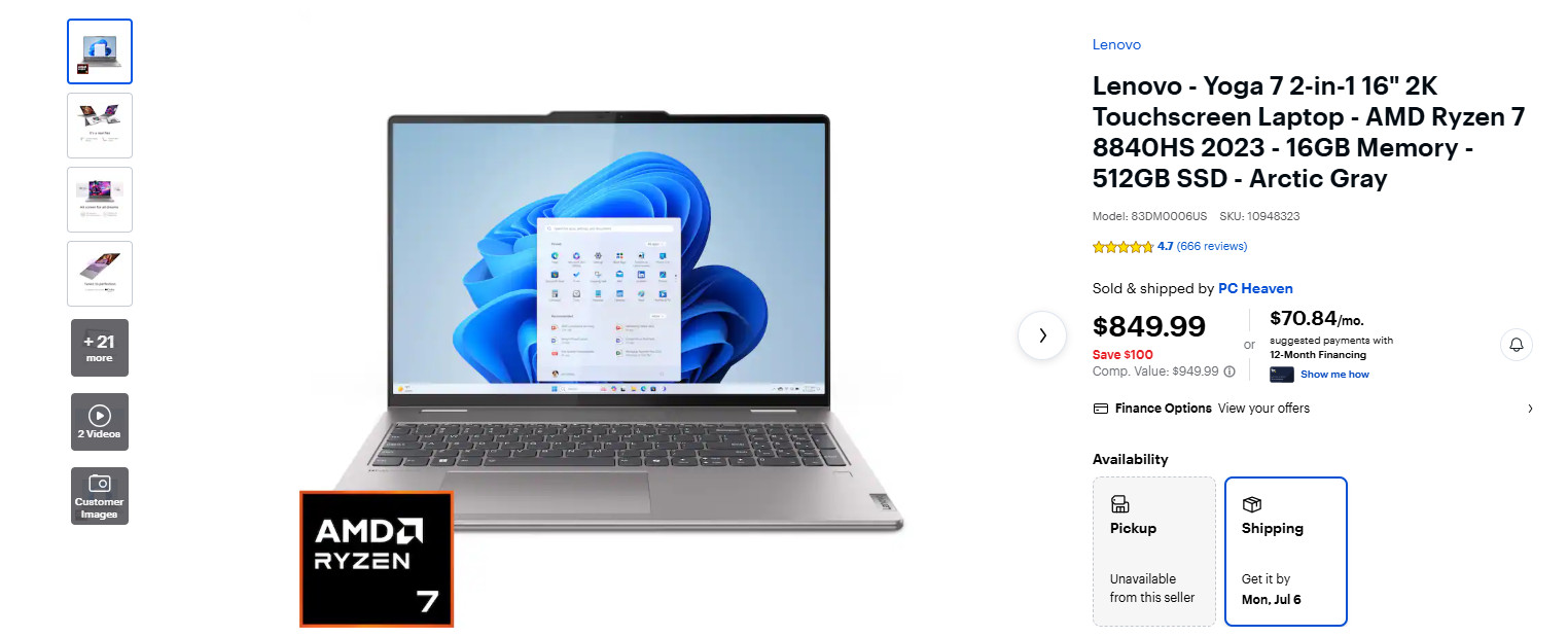 Lenovo YOGA 7 2-in-1 16″ 1920×1200 Touch Ryzen 7 8840HS 16GB 1TB *MINT CONDITION