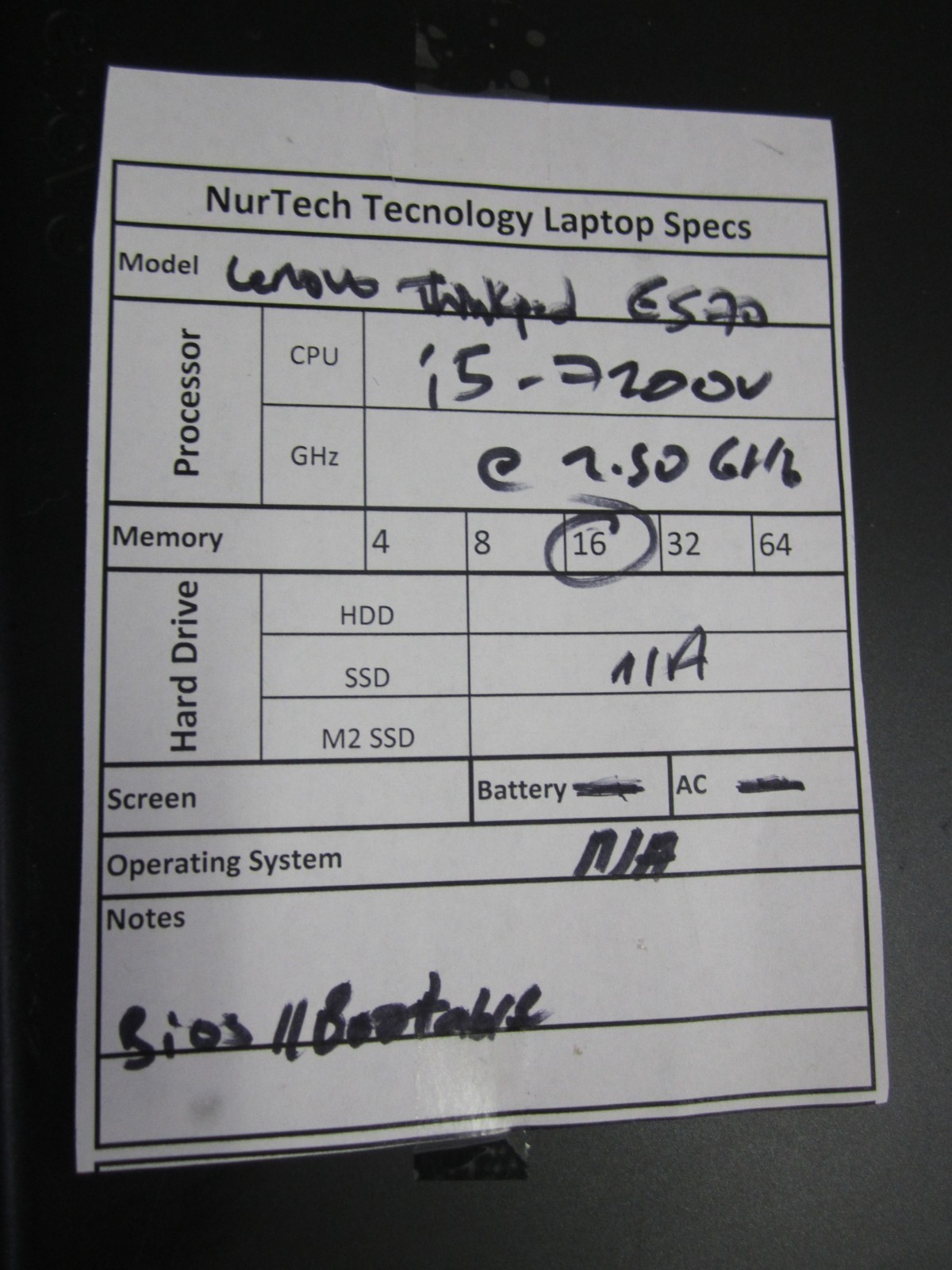Lenovo ThinkPad E570 i5 7200U 2.50GHZ 16GB NO HDD/AC/OS/BTRY LAPTOP BIOS