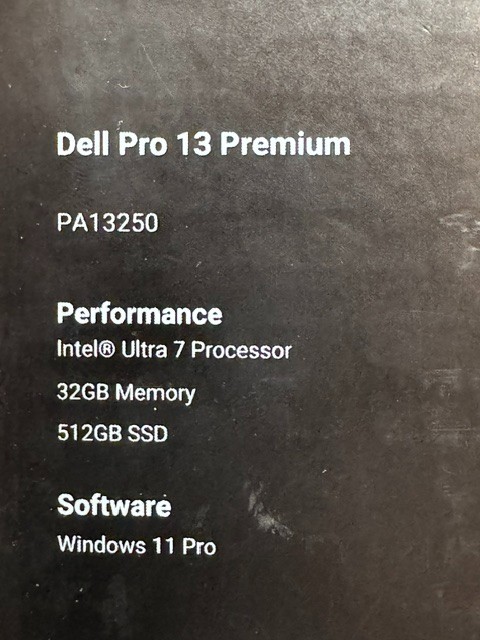 Dell Pro 13 Ultra 7-268V 32GB RAM 512GB SSD BT5.4 WiFi7 13.3F W11P JWP67 PA13250