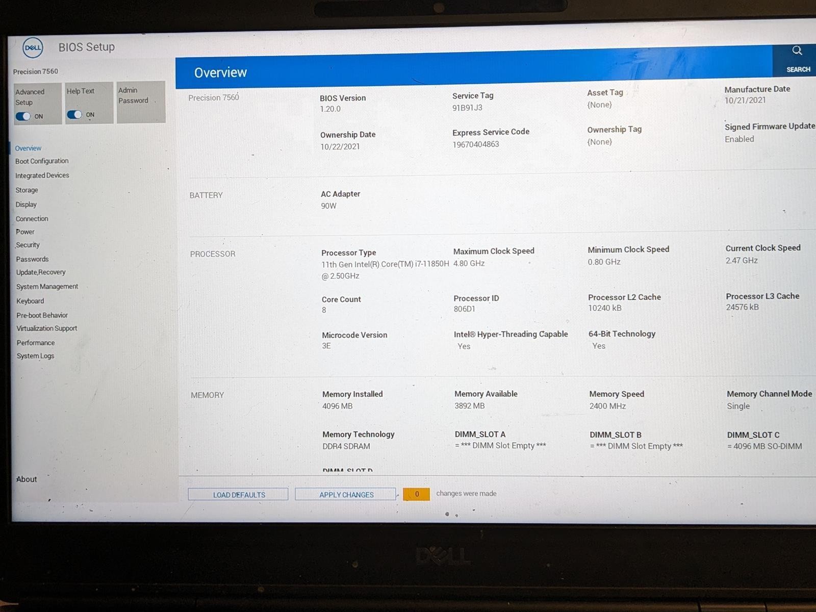 DELL PRECISION 7560 i7-11850H @ 2.50GHz, 4GB RAM, NO HDD/OS