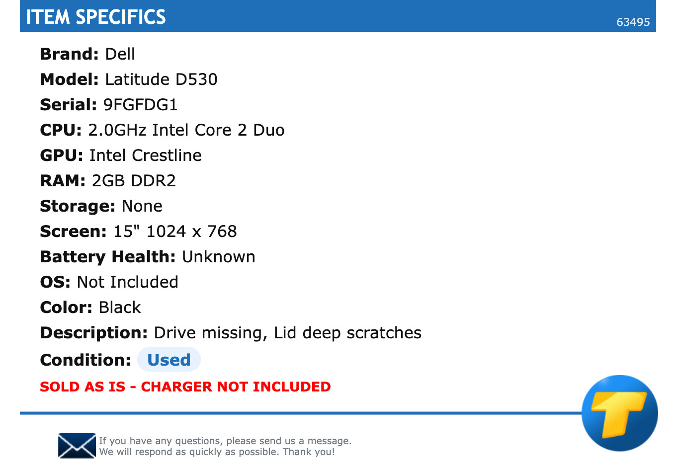 Dell Latitude D530 – 15″ HD, 2.0GHz 2 Duo, 2GB RAM, NO SSD