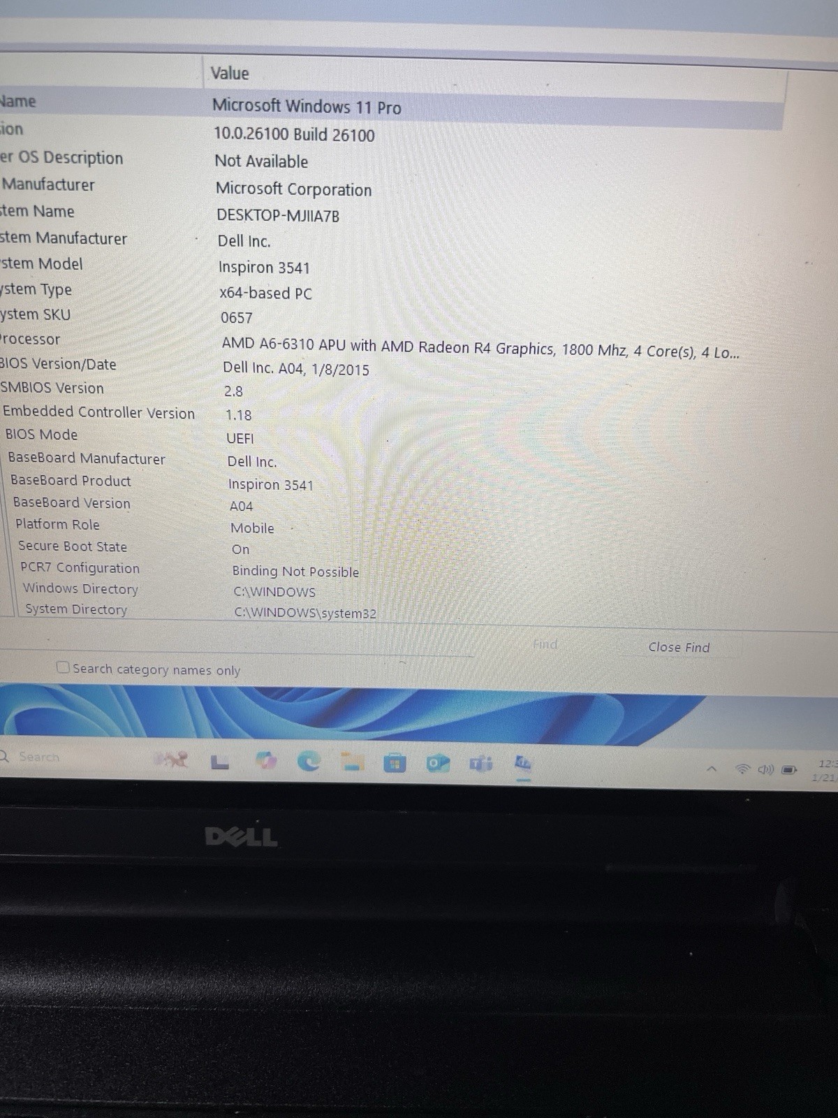 Dell Inspiron 3541,15.6” Touch Screen,Win11 Pro,8G Ram,250G SSD, AMD-A6-6310,