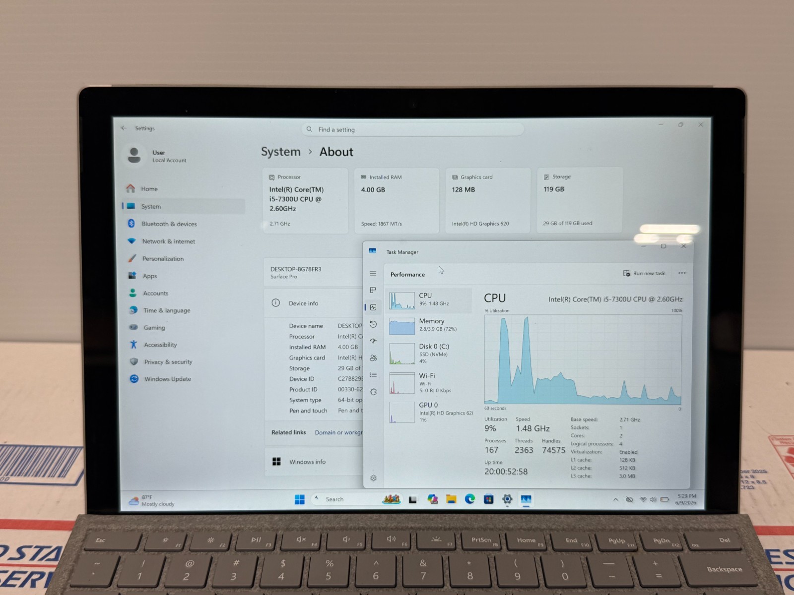 Microsoft Surface Pro 1796 12.3″ i5-7300U 2.7GHz 4GB RAM 128GB SSD, Win 11 Pro