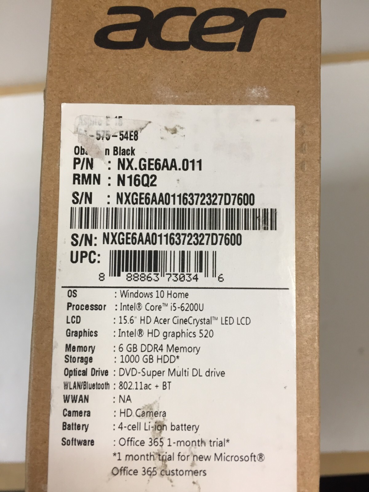 *Bad Battery*Acer Aspire E 15 E5-575-54E8 15.6″ Laptop/i5-7200u/6GB/1TB HDD/W10H