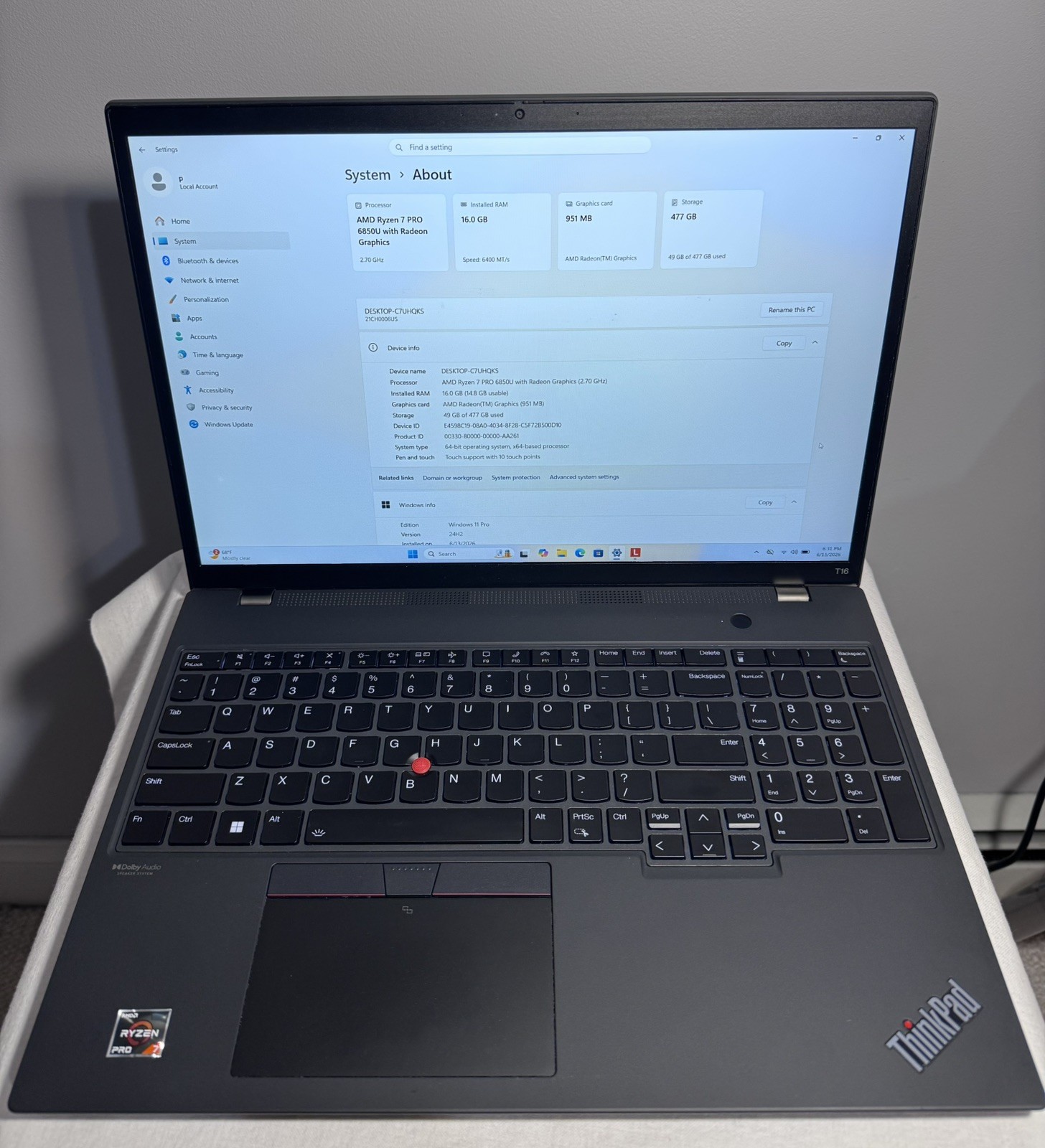 LENOVO ThinkPad T16 Gen 1 RYZEN 7 PRO 16″ 16GB RAM 512GB SSD WIN11P TOUCHSCREEN