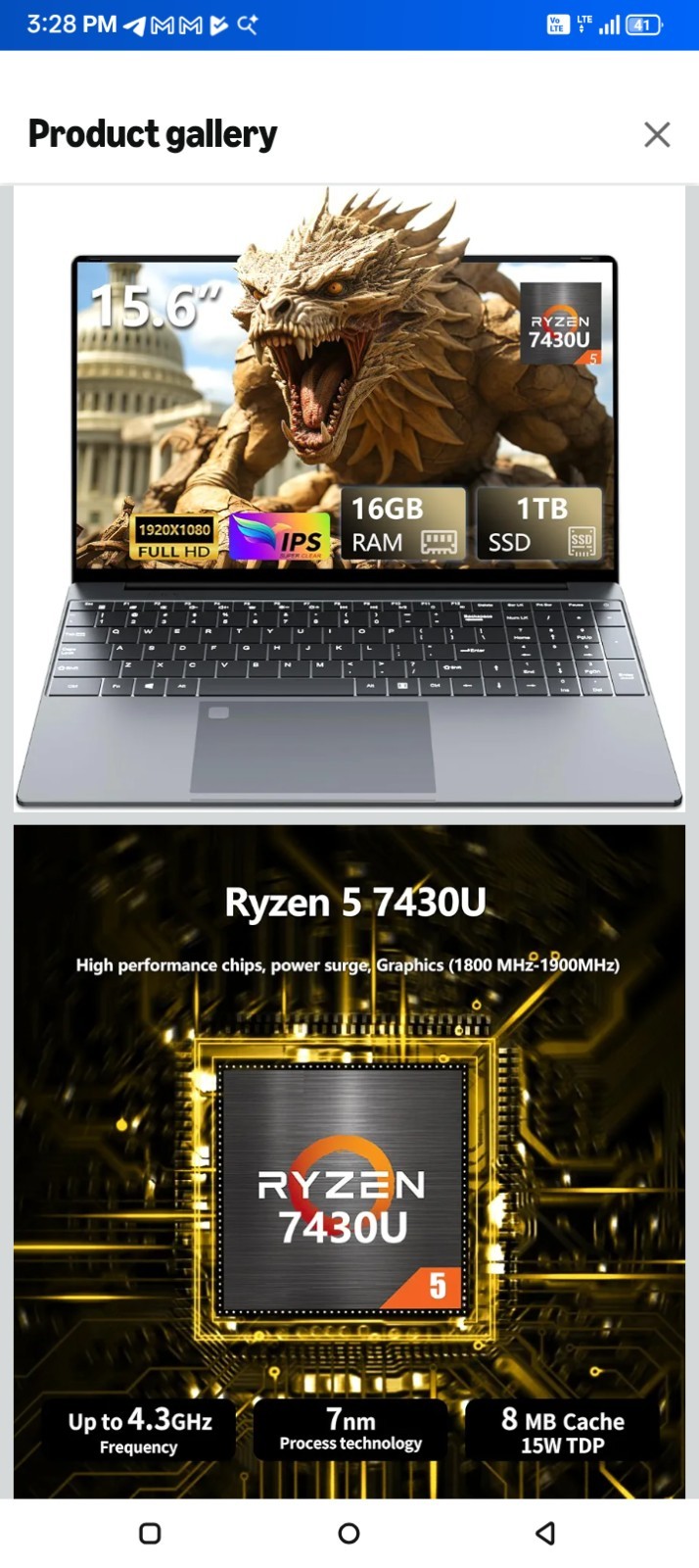 Kumnosal Ryzen 5 7430u 1 TB SSD 16gb Ram Windows 11 Pro Gaming Laptop Used