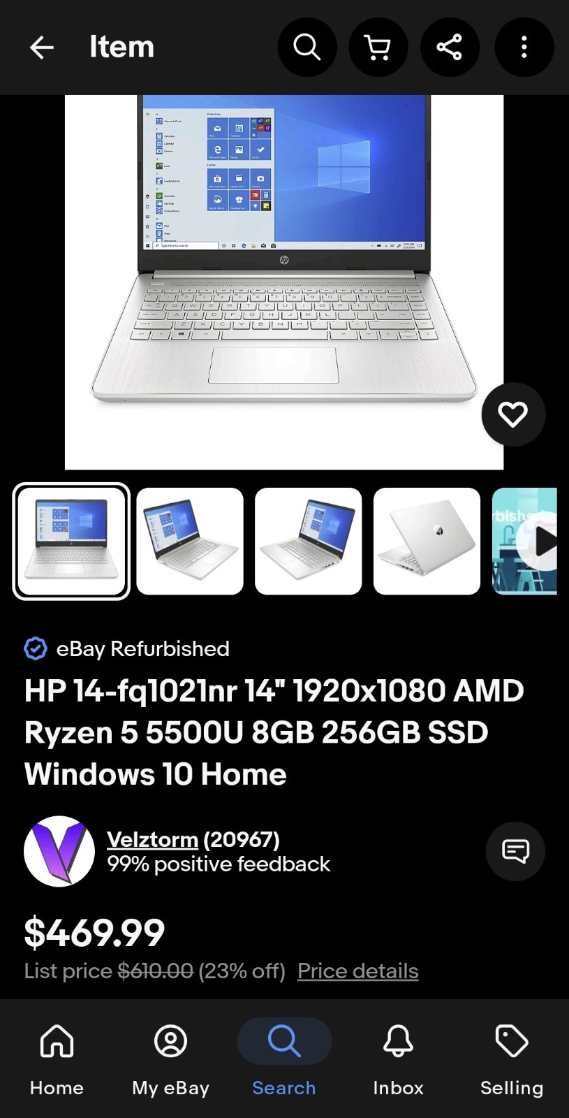 HP 14″ Ryzen 5 5500U, 16GB RAM 240GB SSD, 1920×1080, Windows 10 Silver Laptop