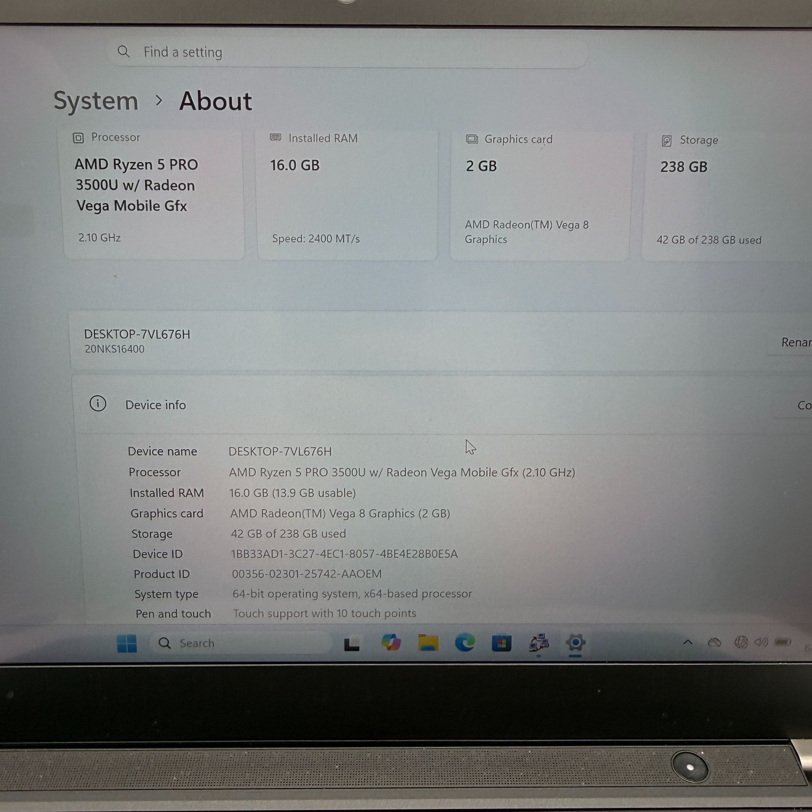 Lenovo ThinkPad T495 14 FHD 2.1 GHz Ryzen PRO 5 3500U 16GB 256GB Bat 86% Laptop
