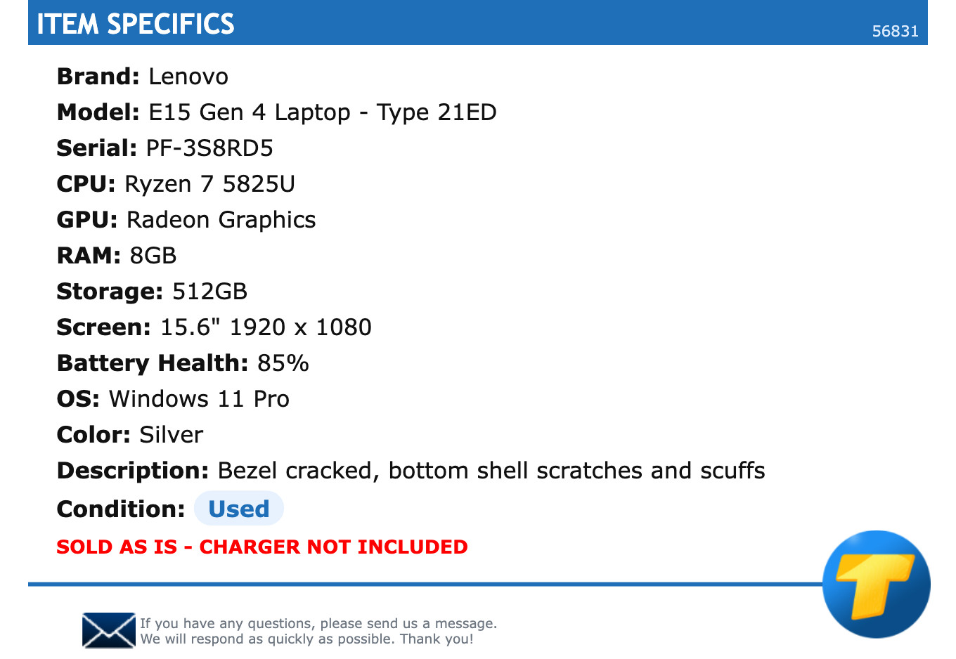 Lenovo E15 Gen 4 Laptop – Type 21ED – 15.6″ FHD, Ryzen 7, 8GB RAM, 512GB