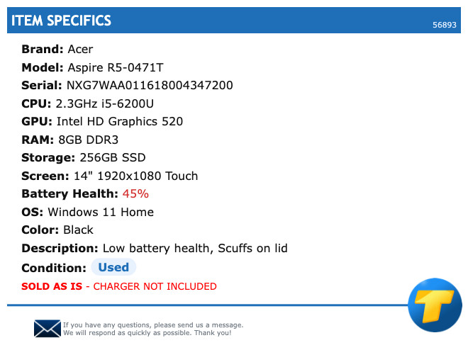 Acer Aspire R5-0471T – 14″ FHD Touch, 2.3GHz i5, 8GB RAM, 256GB SSD