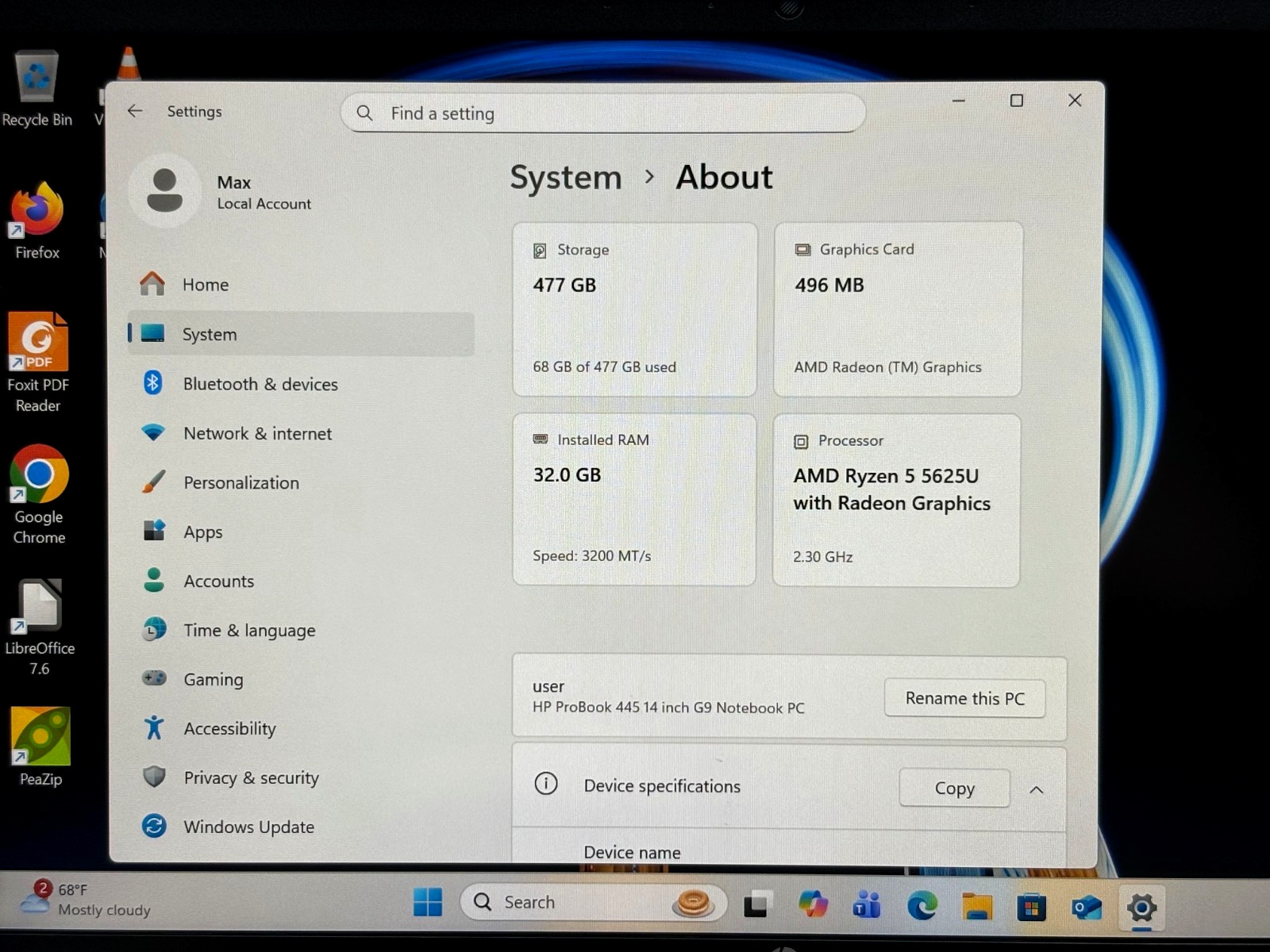 HP ProBook 445 G9 14″ Notebook AMD Ryzen5 5625U Radeon 32GB RAM 512GB SSD