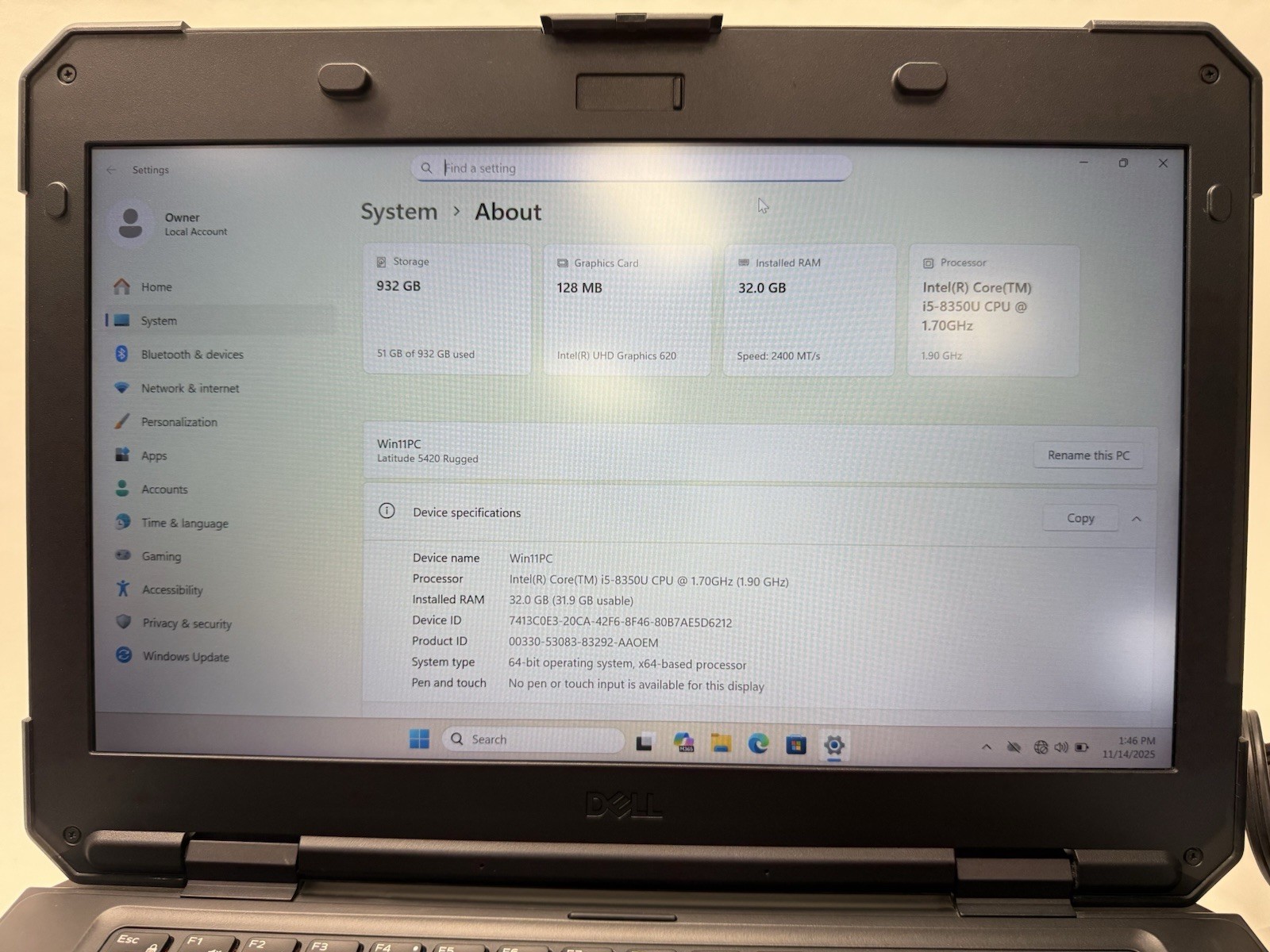Dell Latitude 14 Rugged 5420 Laptop i5-8650U 32GB 1TB Webcam Charger/DockStation