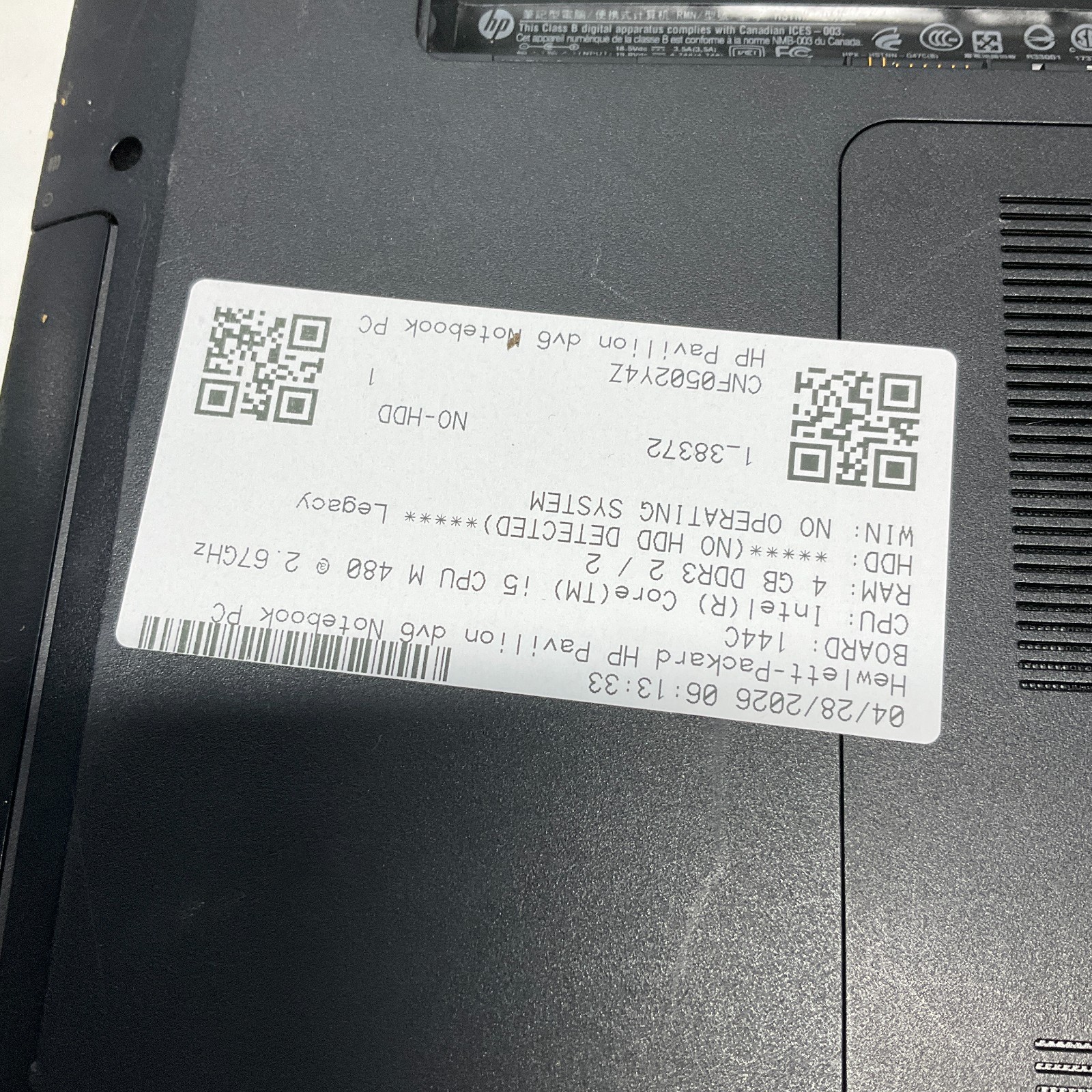 HP PAVILION DV6 Laptop Intel Core i5-M480 @ 2.67 GHz 4GB NO HDD/BATTERY