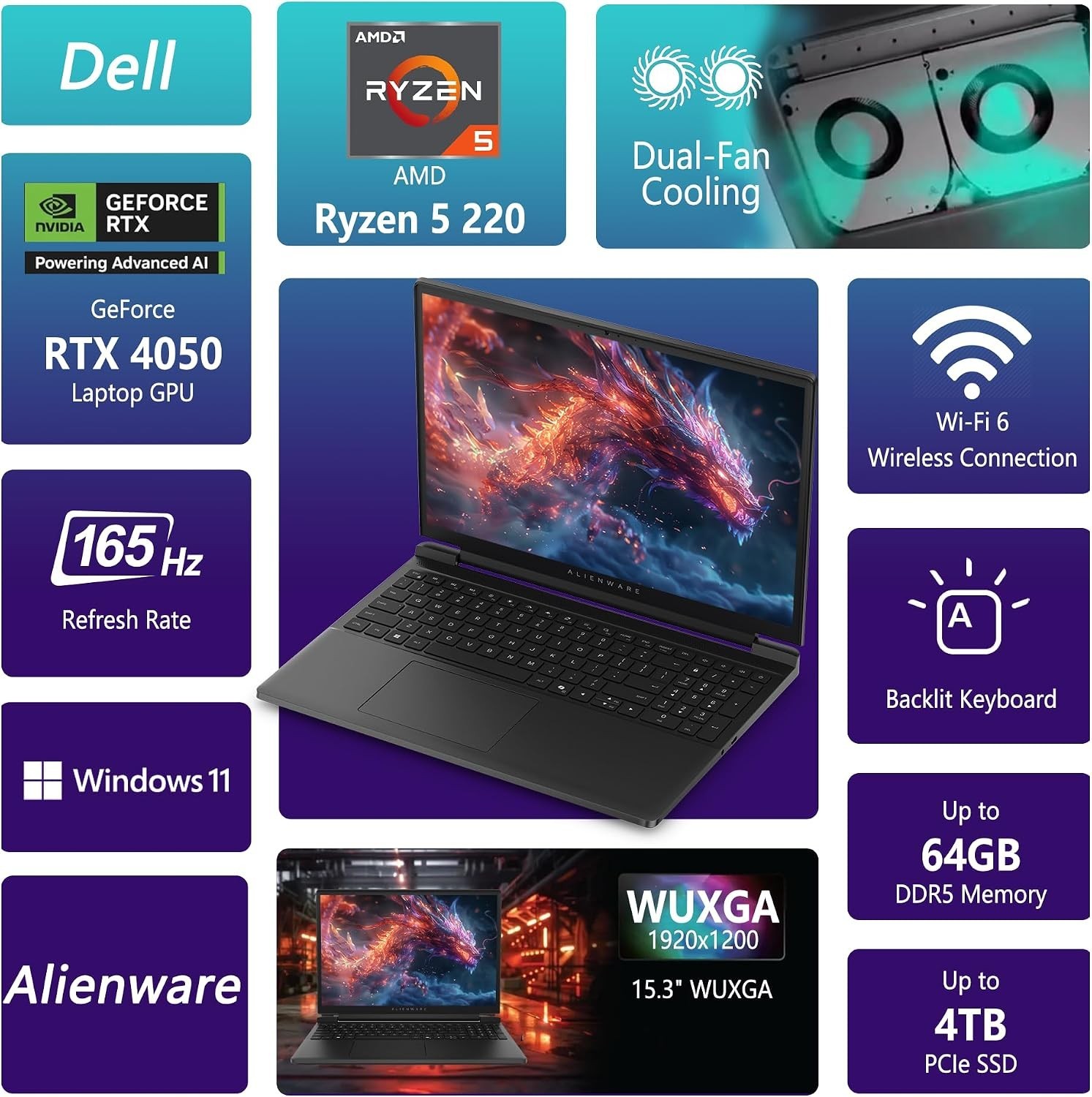Alienware 15.3″ WUXGA 165Hz Gaming Laptop AMD Ryzen 5 220 RTX 4050 64GB 2TB SSD