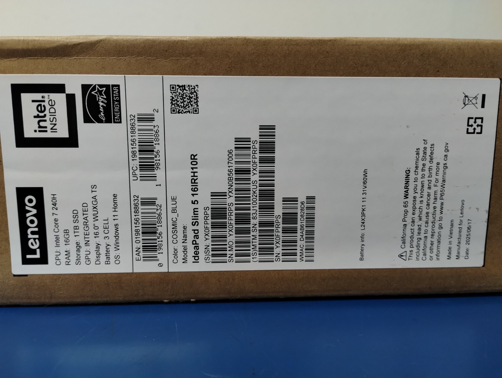 LENOVO SLIM 7 14ILL10, Intel Core Ultra 7 258V, 2.20 GHz, 32 GB RAM, 1 TB NVMe