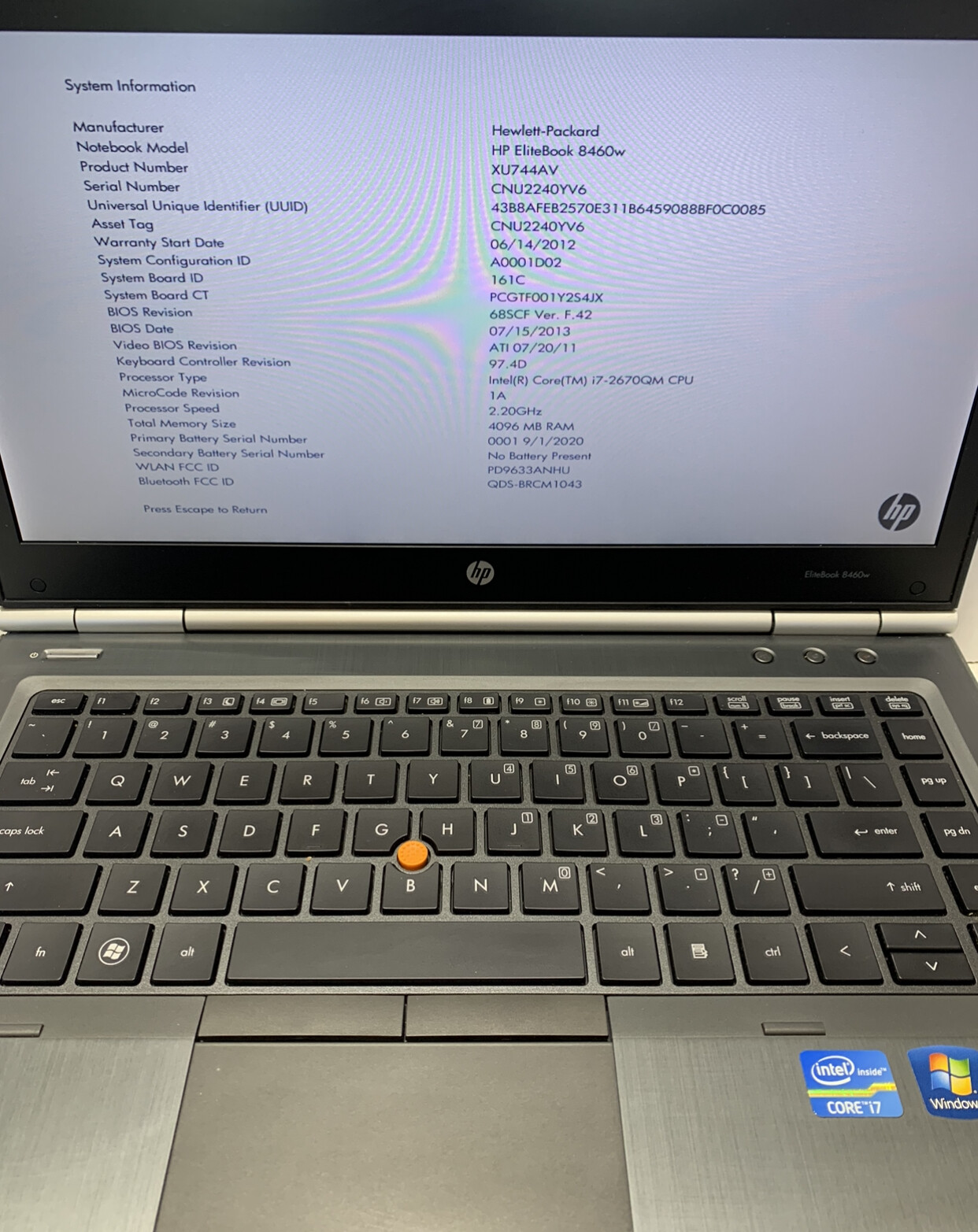 HP EliteBook 8460W i7-2670QM 2.20GHz 4GB not hard drive