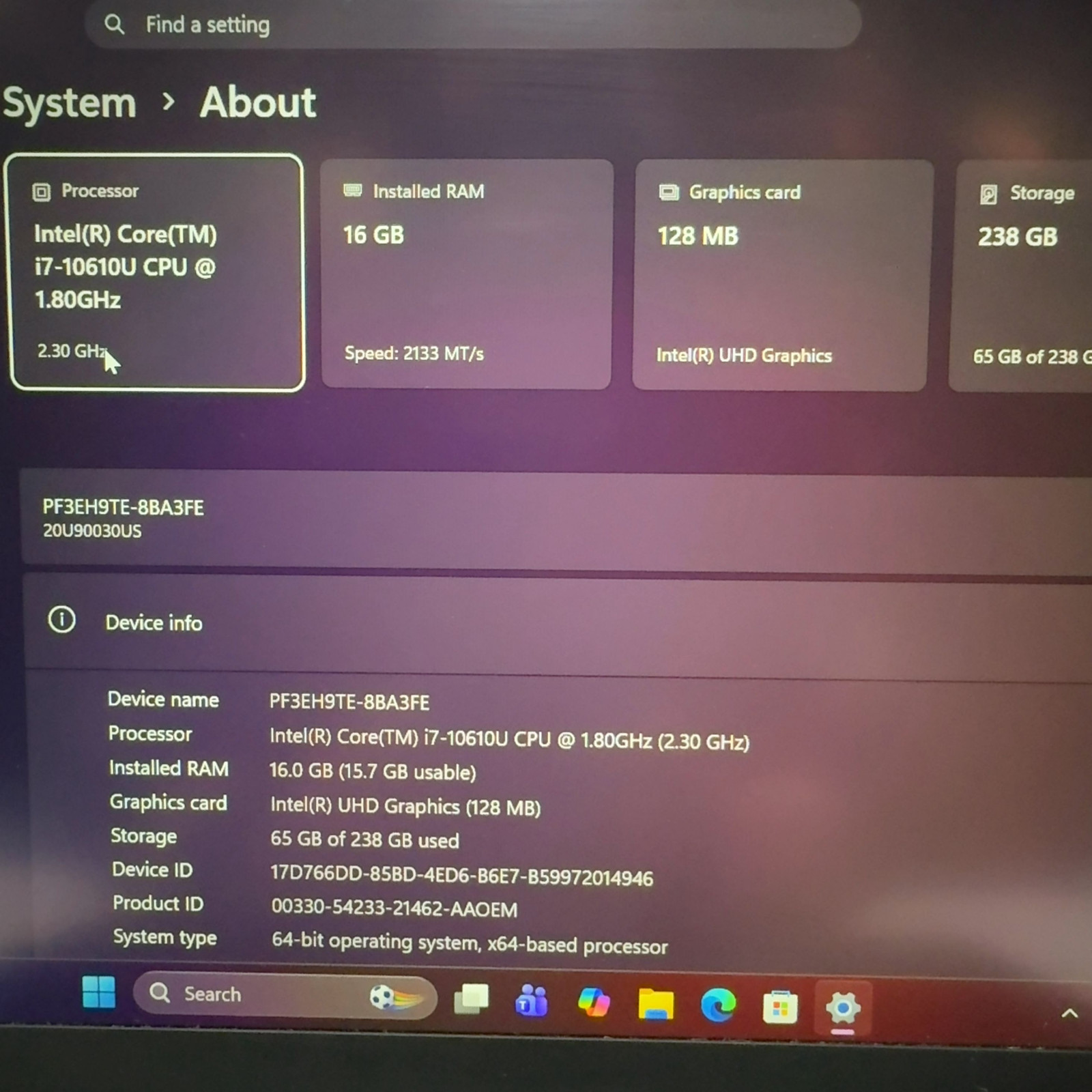 Lenovo ThinkPad X1 Carbon Gen 8 i7-10610U 1.8GHz 16GB RAM 256GB SSD Win 11 Pro