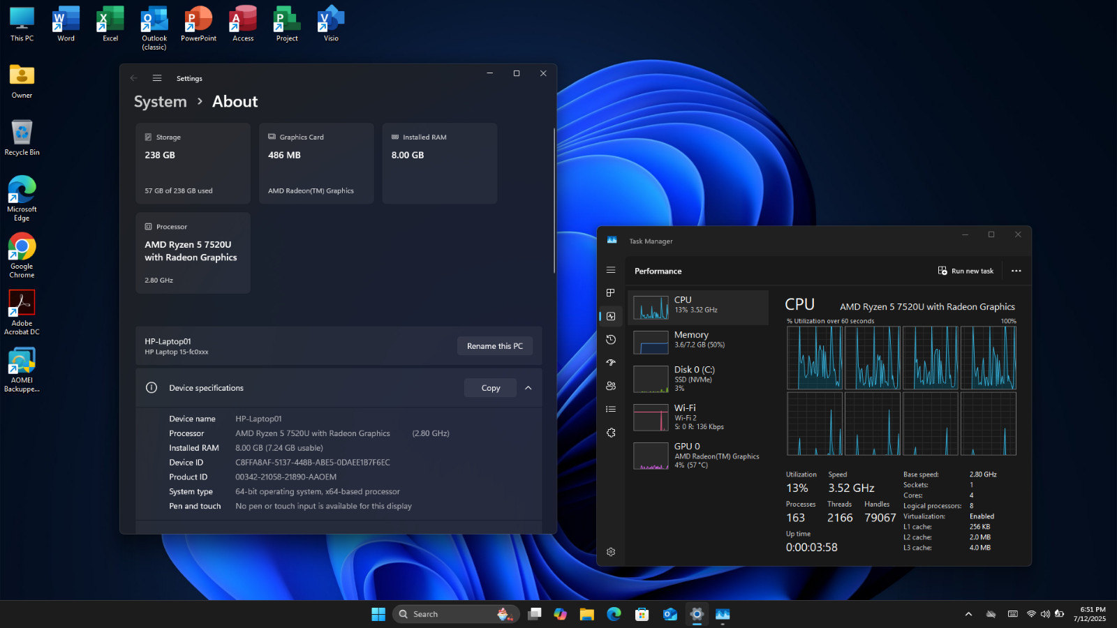 HP Laptop 15.6″ AMD Ryzen5 7520U 8GB Ram 256GB SSD Windows 11 Home