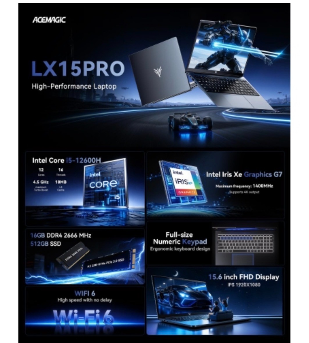 ACEMAGIC LX15Pro 15.6″ FHD 1920x1080Laptop,Intel i5-12600H(12C/16T,Up to 4.5GHz)