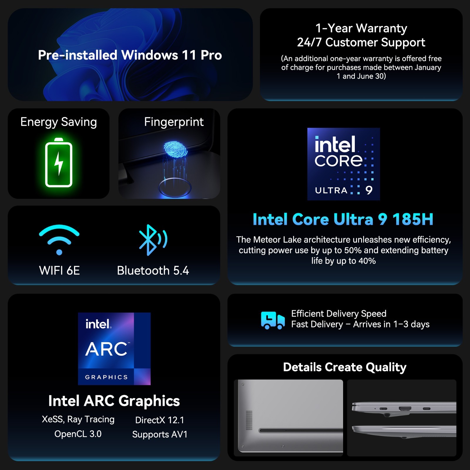 GEEKOM GeekBook X16 Pro, Ultra 9 185H, 32GB LPDDR5x 7500MHz RAM 2TB SSD, W11 PRO