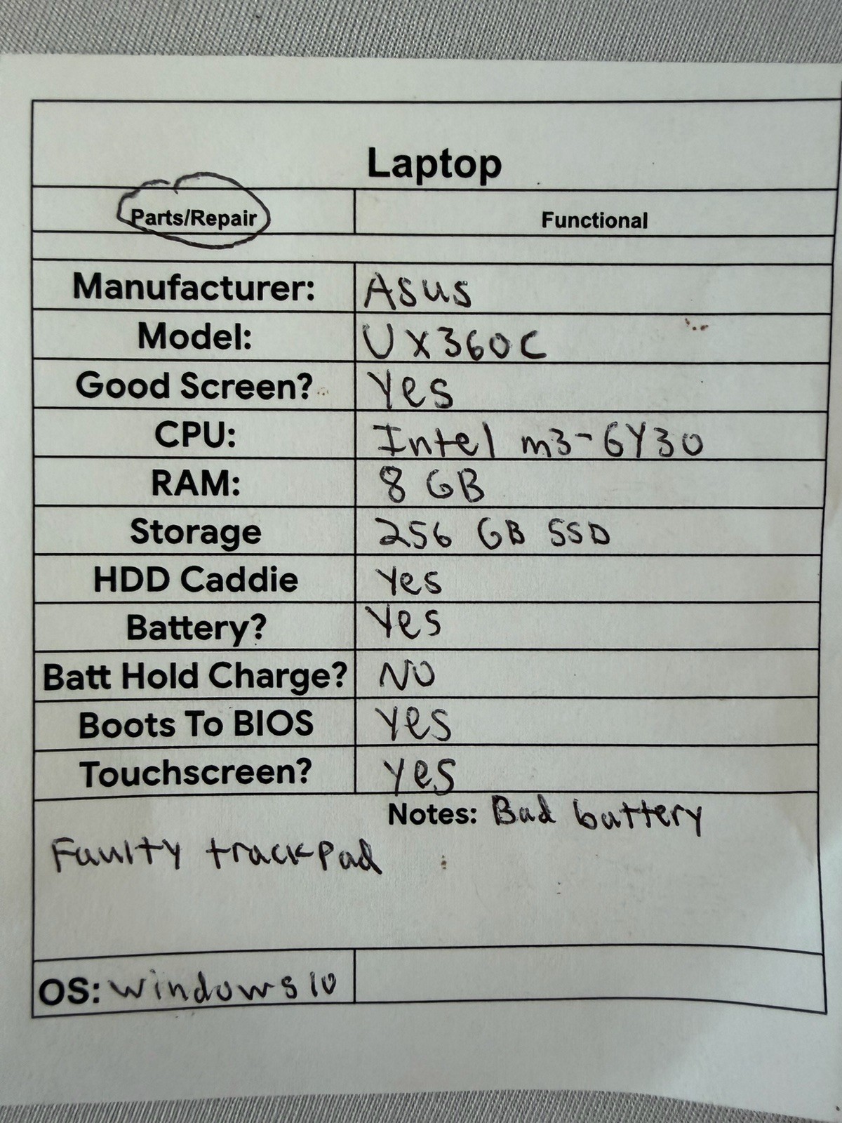 Asus UX36OC Laptop – Good Screen – Intel m3-6Y30 – RAM 8 GB – Read Des