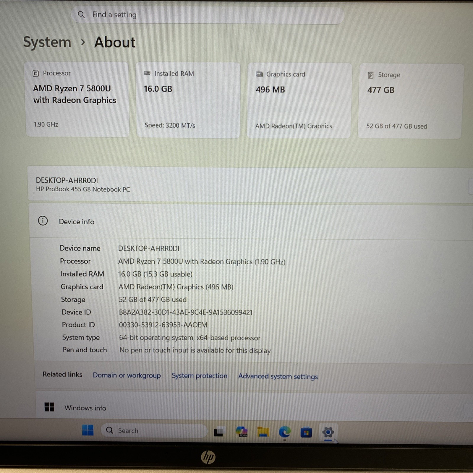 HP ProBook 455 G8 Ryzen 7 5800U 1.90 GHz 16 GB DDR4 512 GB NVMe Windows 11 Pro