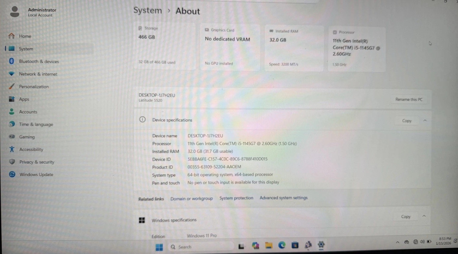 Dell Latitude 5520 15.6” (500GB SSD Intel Core i5-1145G7 2.6GHz 32GB RAM)