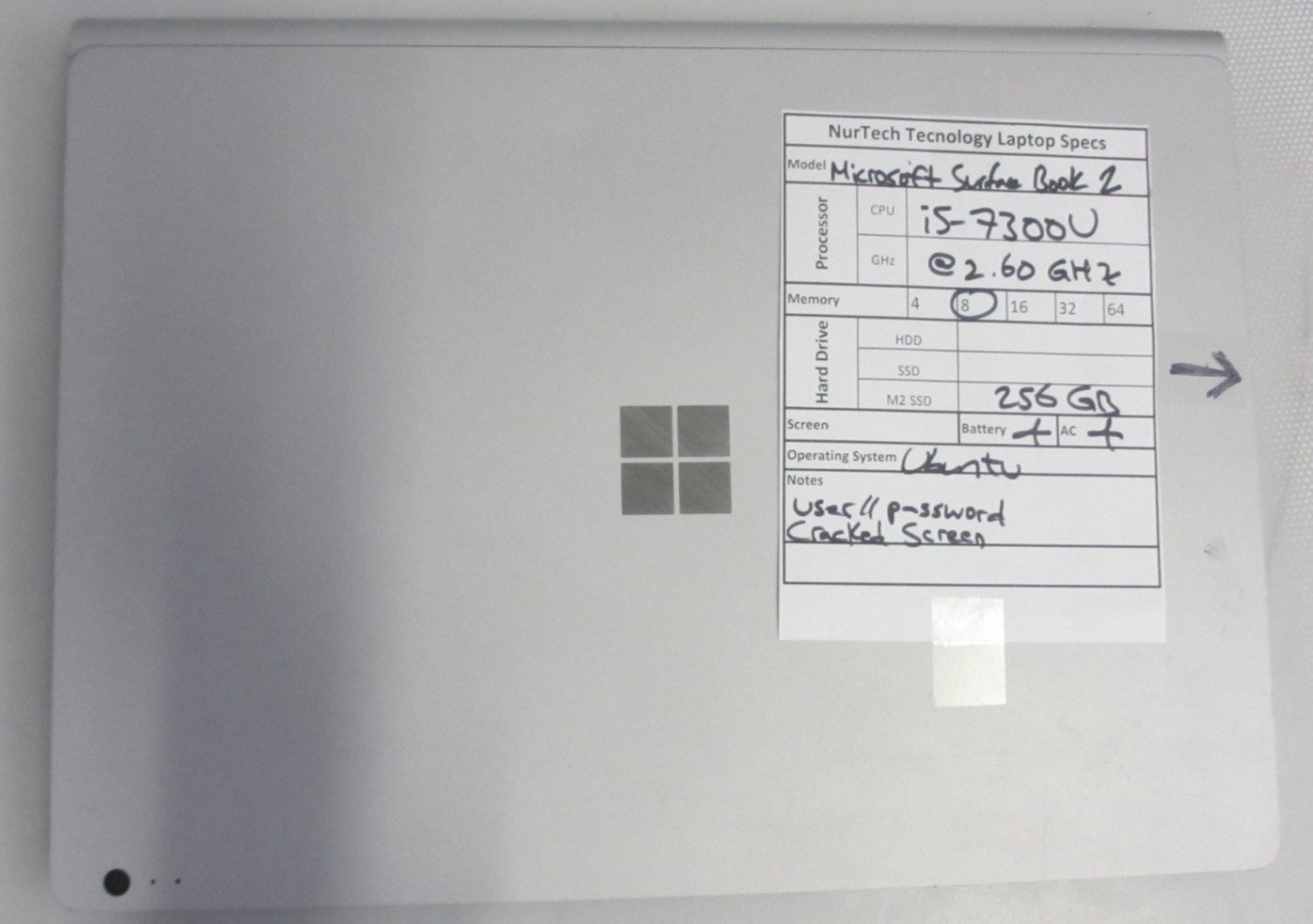 Microsoft Surface Book 2 i5-7300U 2.60GHz 8GB 256GB Ubuntu Laptop + AC READ