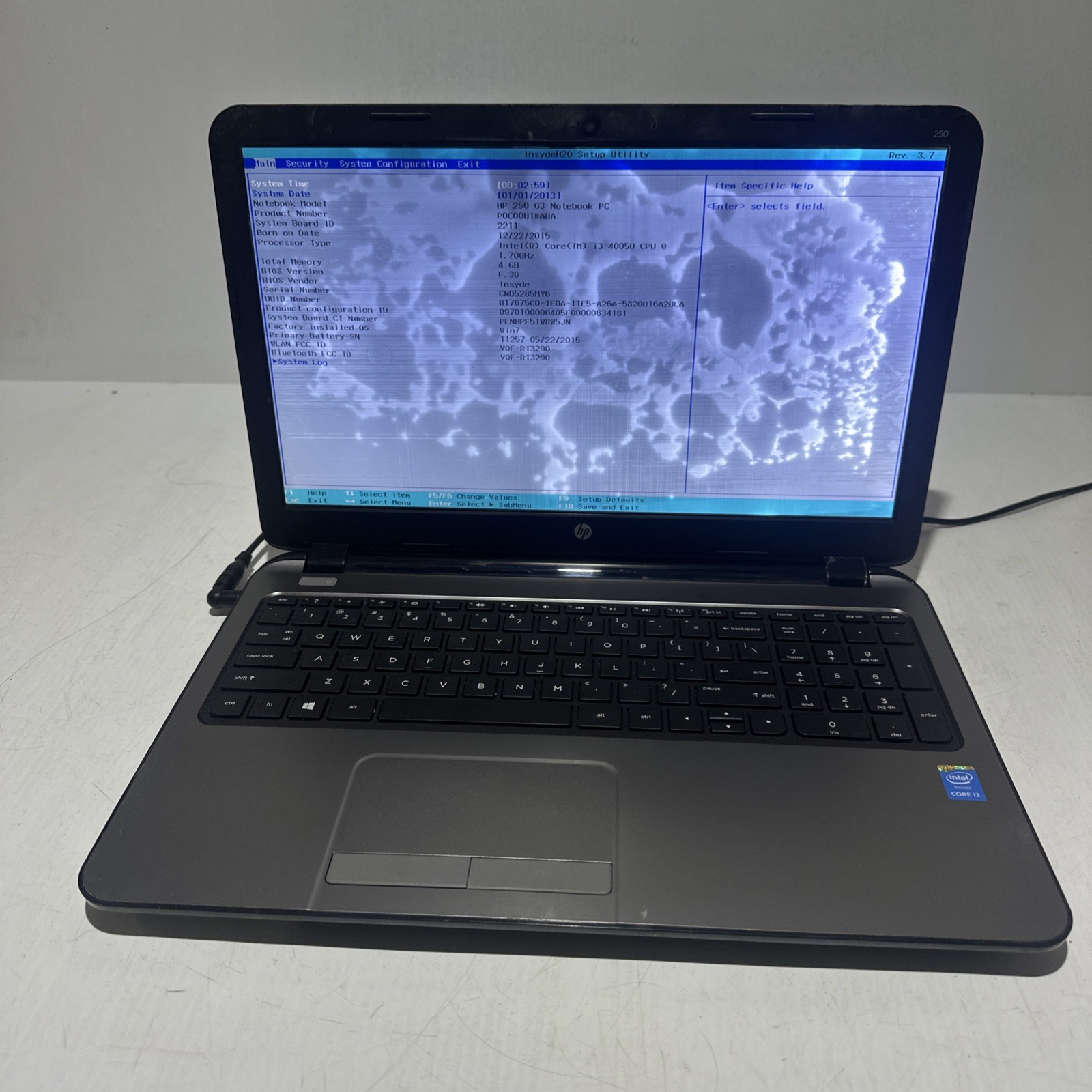 Hp 250 G3 Notebook i3-4005u 4gb Ram No Drives Boots Bios Water DMG