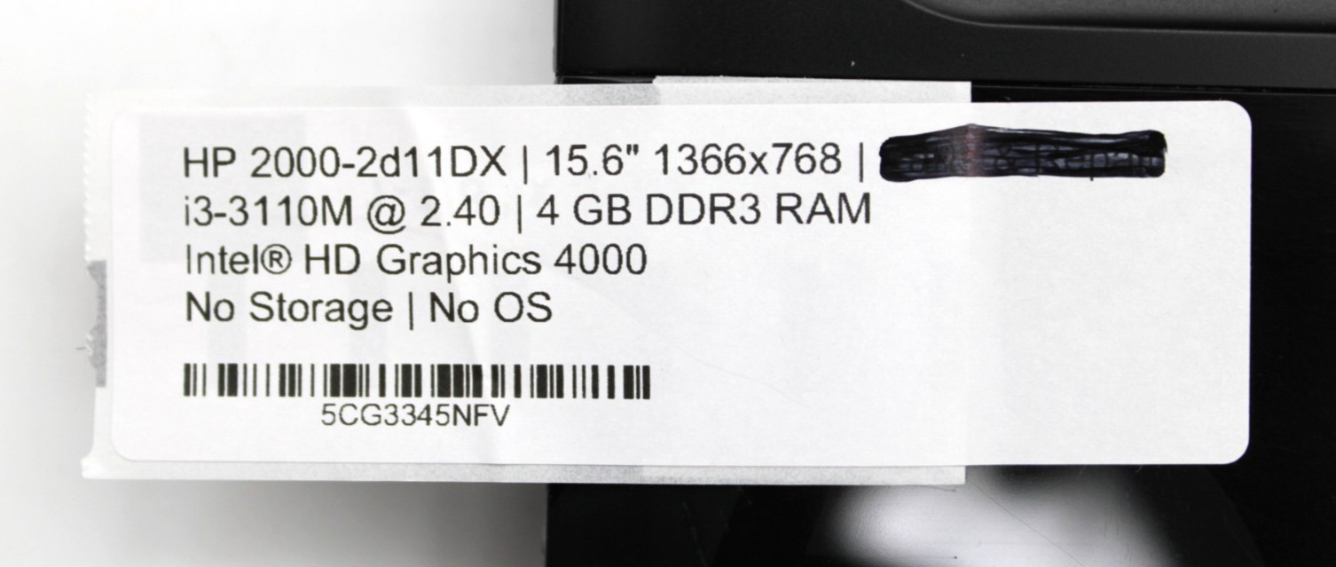 HP 2000-2d11DX i3-3100M@2.40GHz 4GB DDR3 NO STORAGE OR OS *USED/TESTED*
