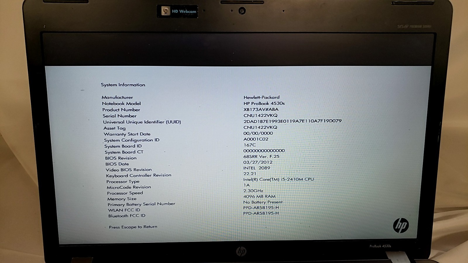 HP ProBook 4530s Laptop i5-2410M 2.30GHz 4GB RAM No HDD No Battery Silver