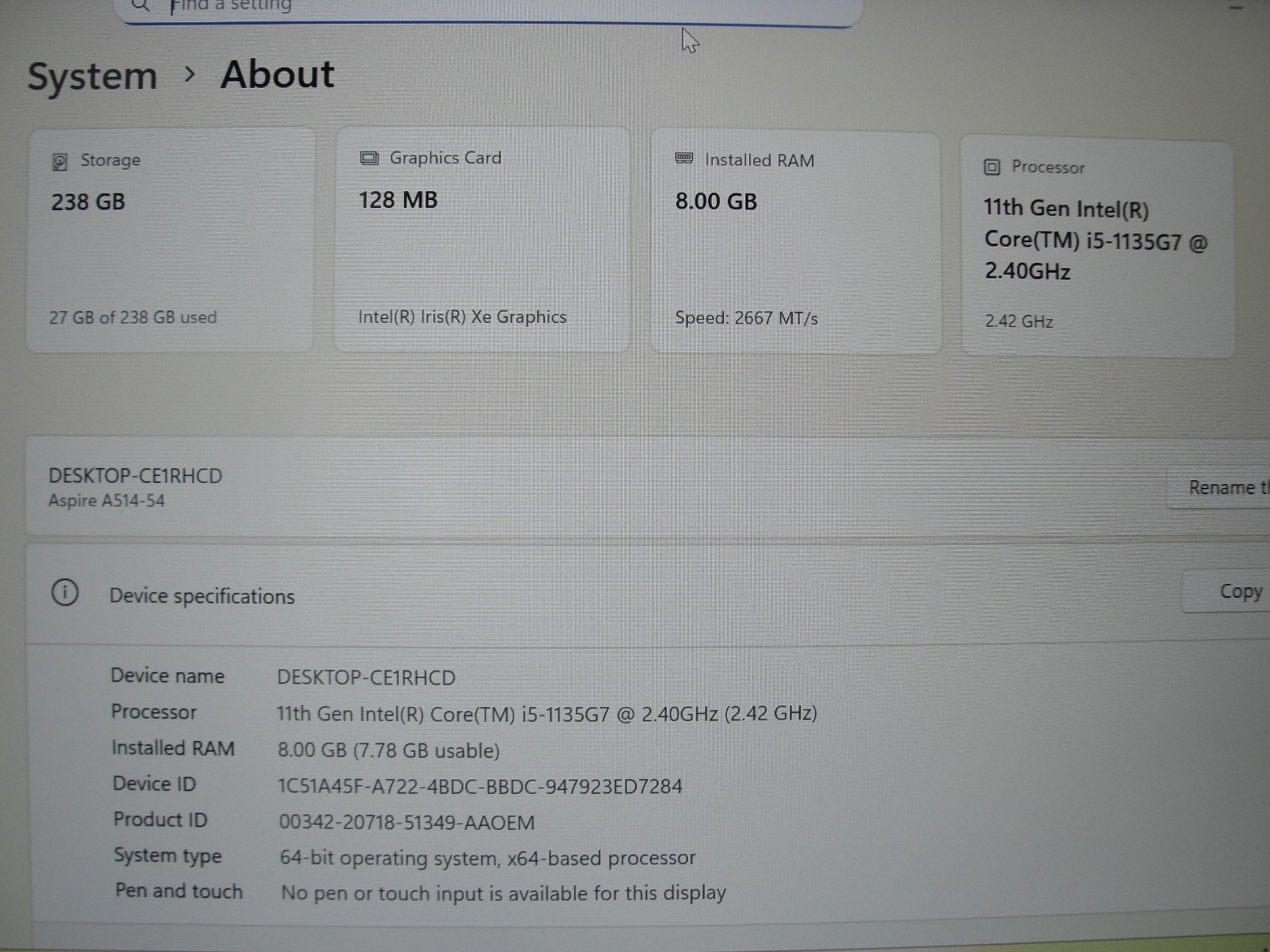 Acer Aspire 5 A514-54 14″FHD Intel i5-1135G7 2.4GHz 8GB RAM 256GB SSD