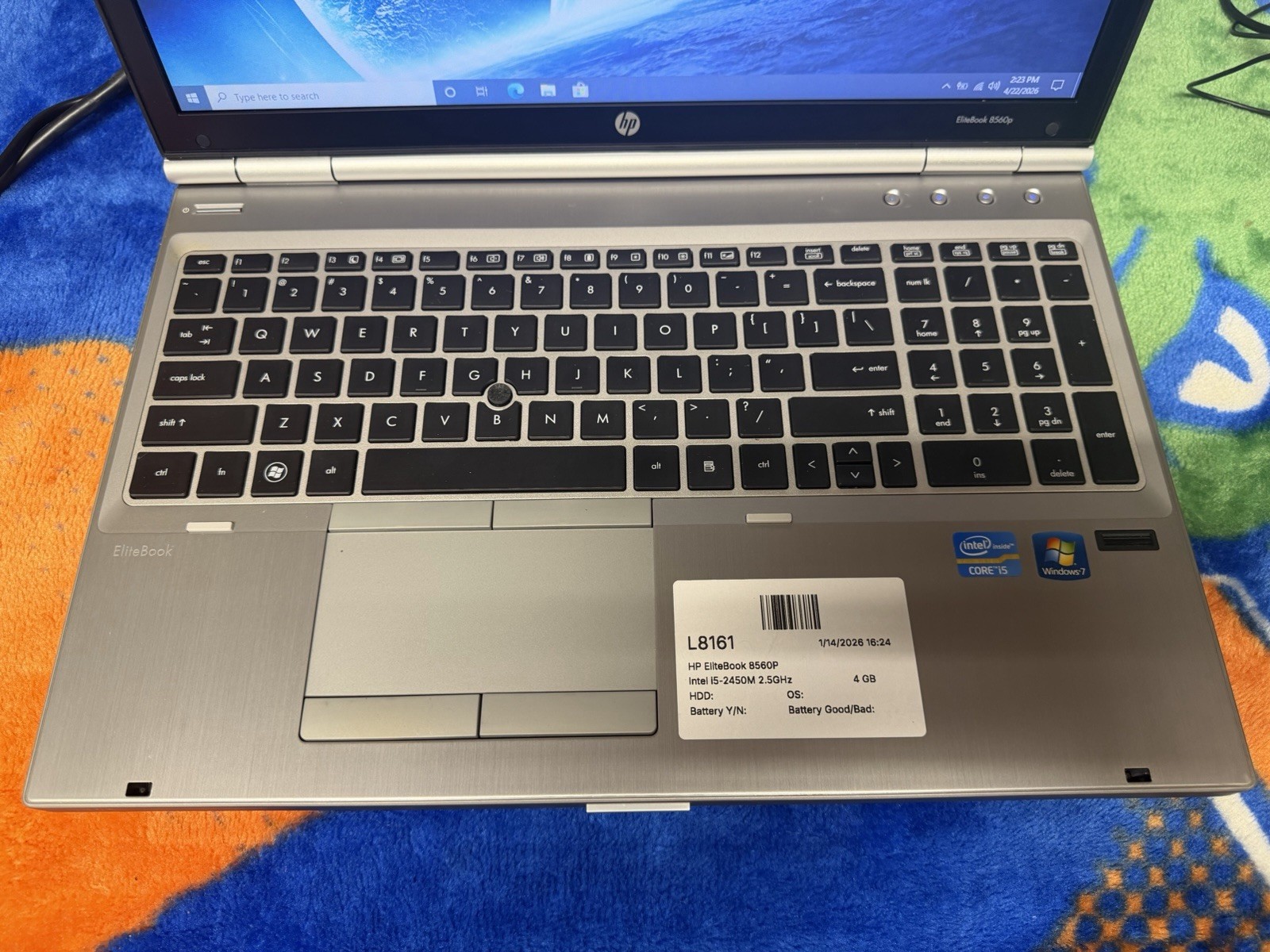 HP EliteBook 8560p 15.6″ Laptop Intel i5 @2.6GHz 4GB RAM 220 GB SSD DVDRW #269