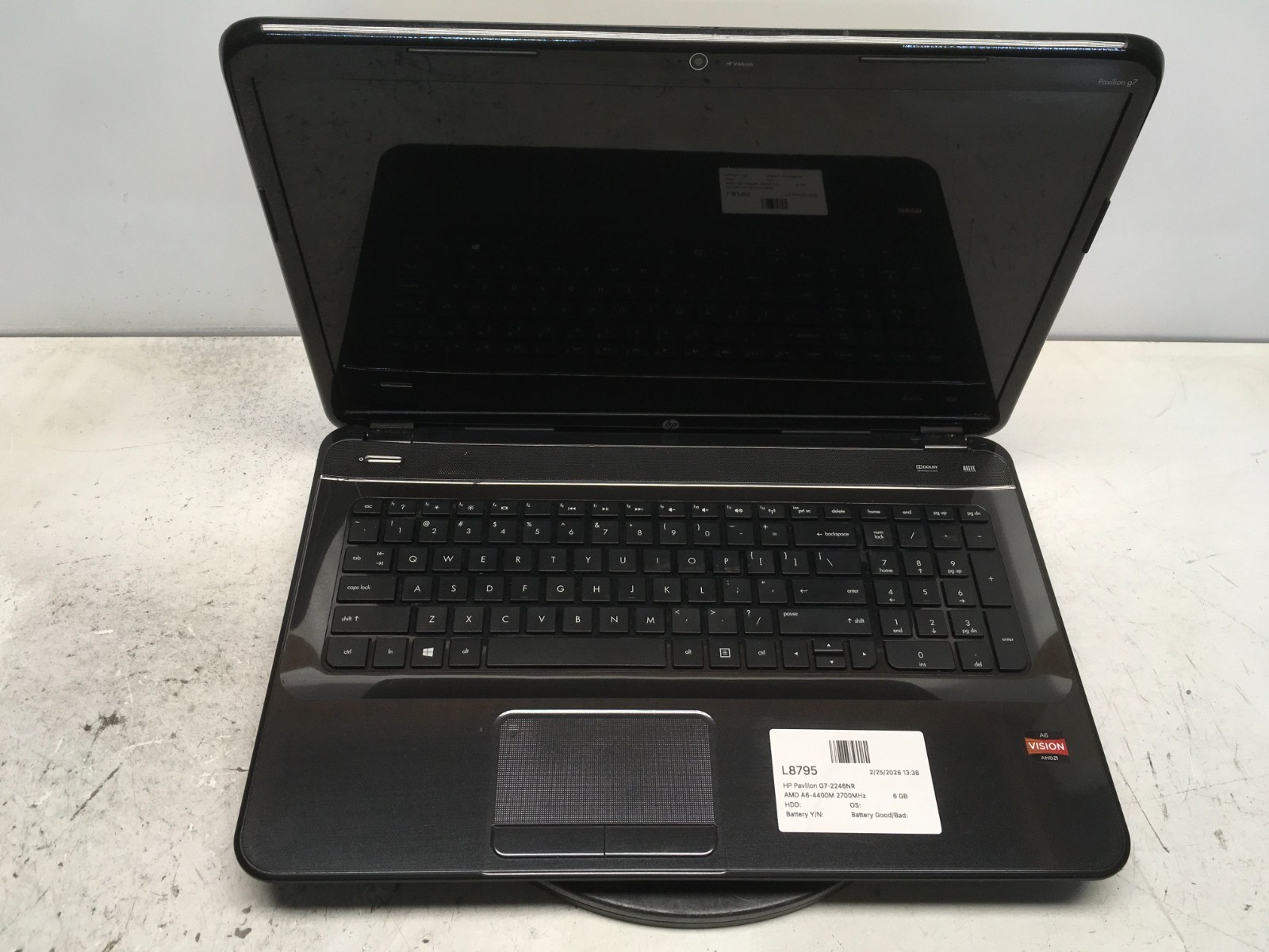 HP Pavilion G7-2246NR AMD A6-4400M 2700MHz 6 GB NO HDD No Batt