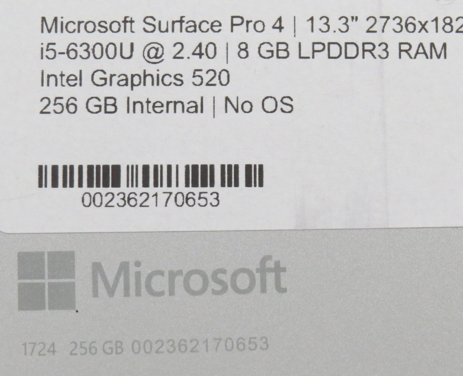 Microsoft Surface Pro 4 i5-6300U@2.4GHz 8GB RAM 12″ 256GB HD No OS/AC