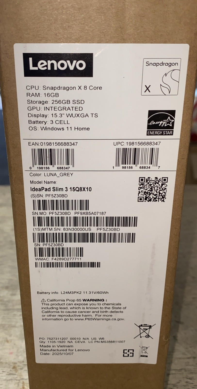 Lenovo IdeaPad Slim 3 15Q8X10 15.3″ Snapdragon X 8 Core 16GB RAM 256GB SSD