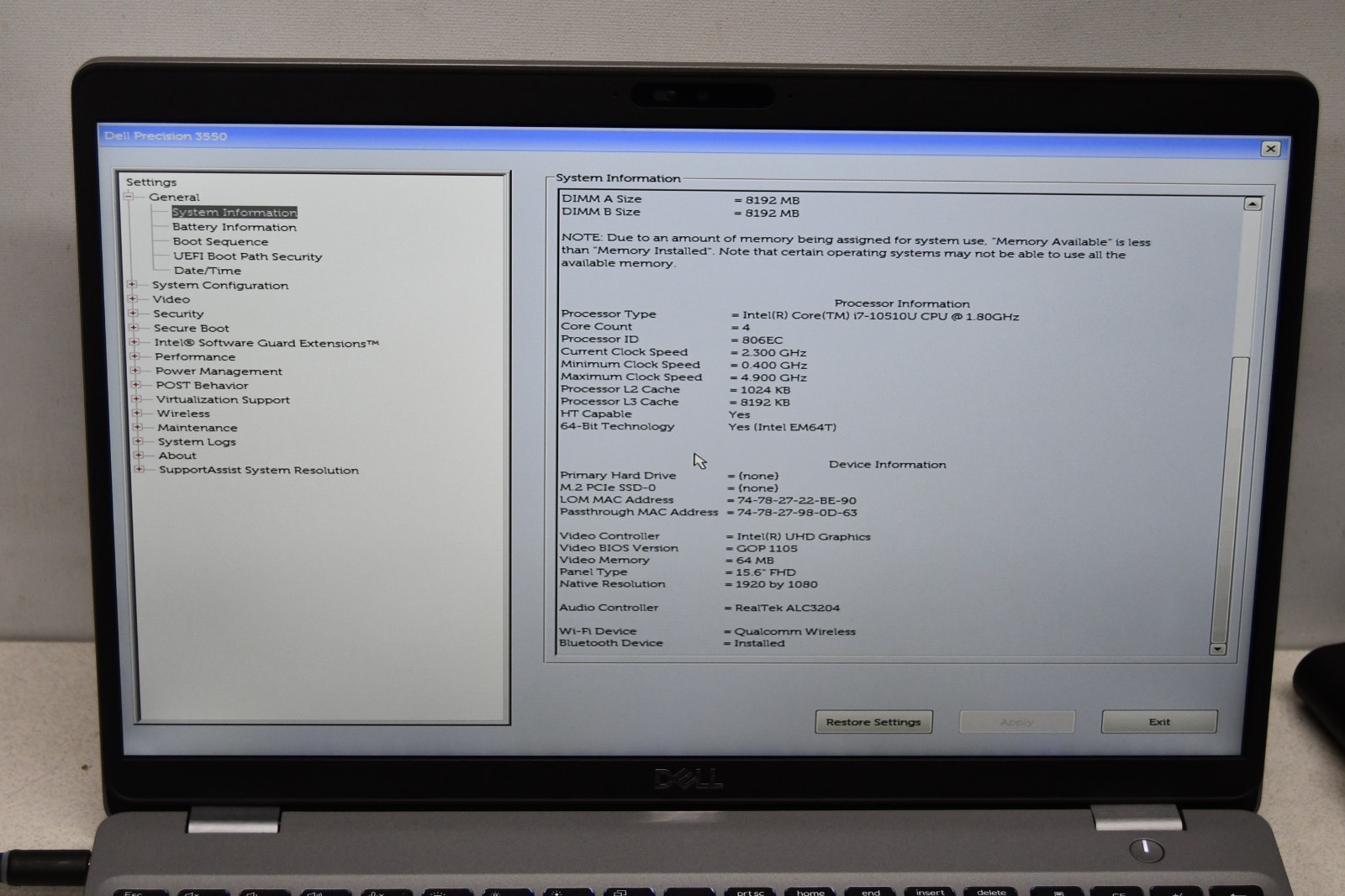 ^ Dell Precision 3550 15.6″ Intel i7-10510U @ 1.80GHz 16GB Ram No HD #X6990
