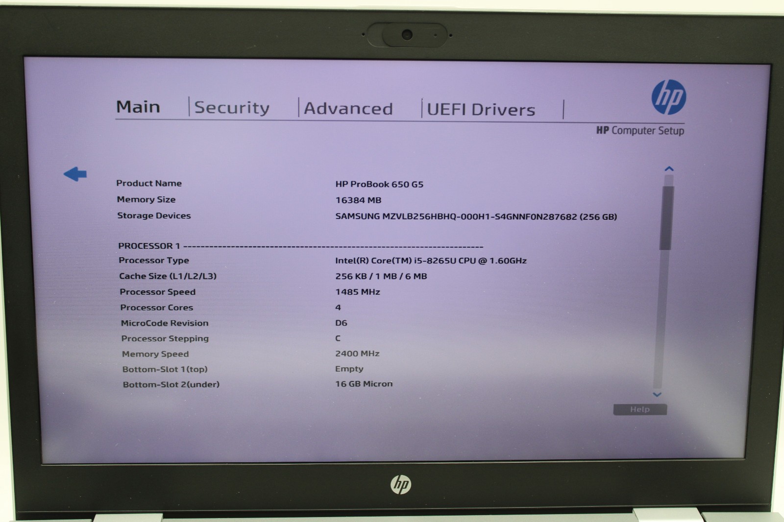 HP ProBook 650 G5 _ i5-8265U @ 1.6 _ 16GB RAM _ 256GB SSD _ No OS