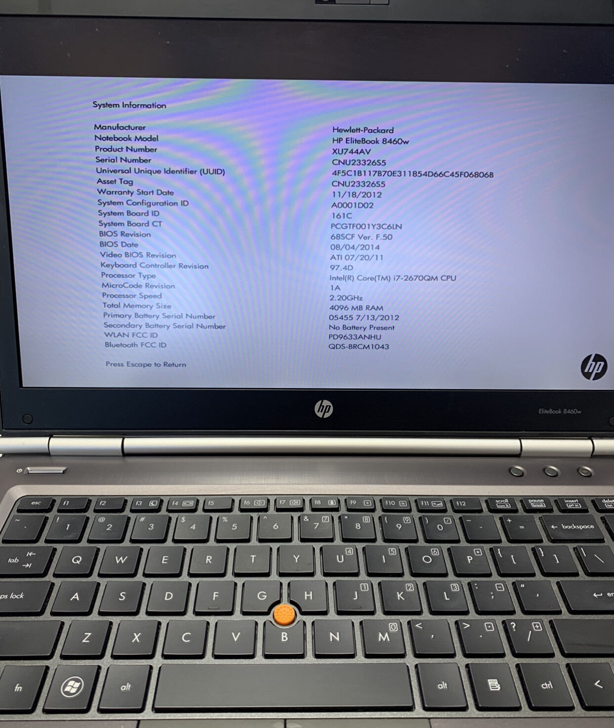 HP EliteBook 8460W i7-2670QM 2.20GHz 4GB not hard drive