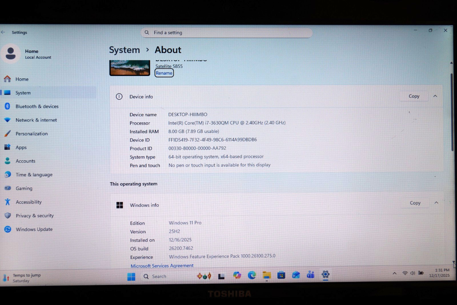 Activated 25H2 WIN11 PRO Toshiba S855-S5165 Gen3 i7@2.40GHz,8GBRAM 250GB SSD