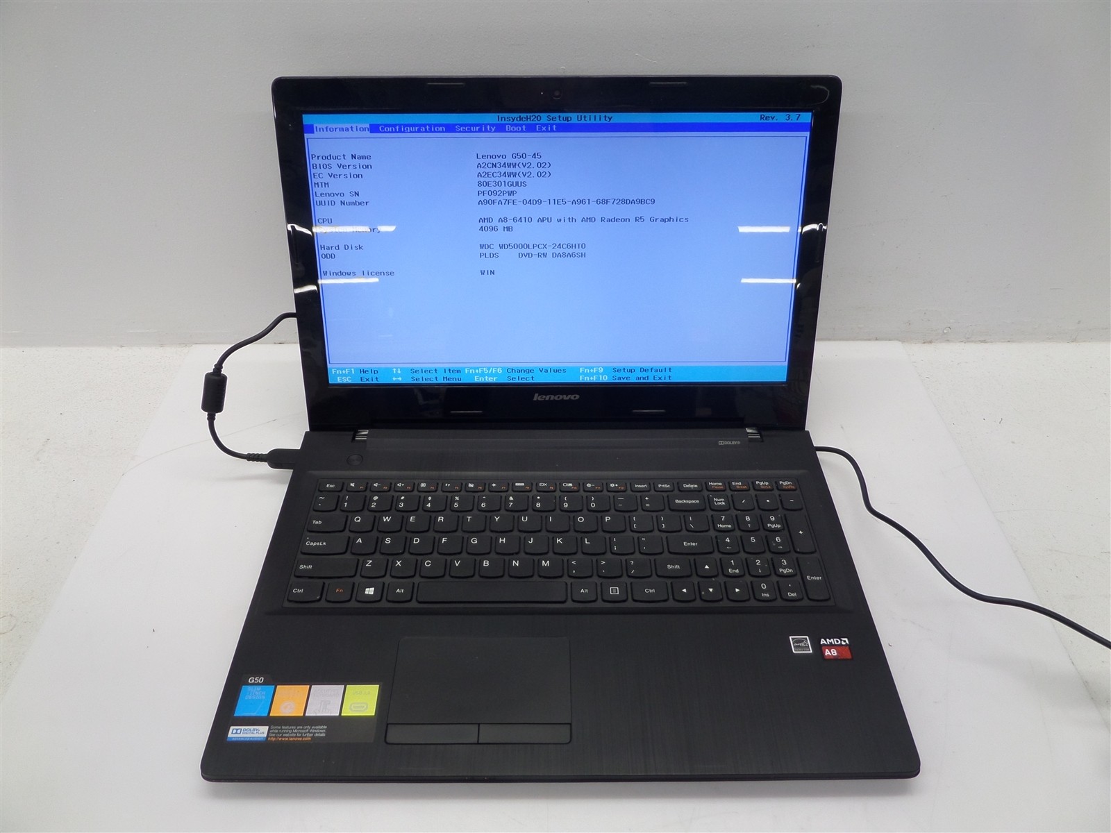 Lenovo G50-45 Laptop w/ AMD A8-6410 2GHz APU 4GB RAM – No HDD/OS, Broken Hinge