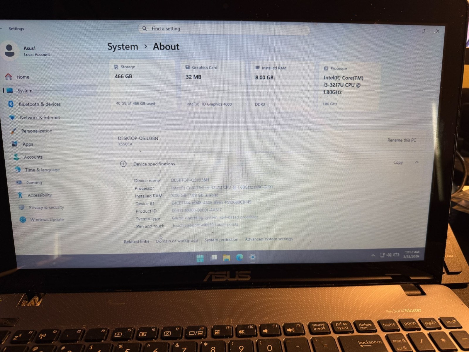 ASUS X550C 15.6 intel i3-3217U 1.8Ghz Ram DDR3 8GB 500Gb Win11 Pro Non OEM Power