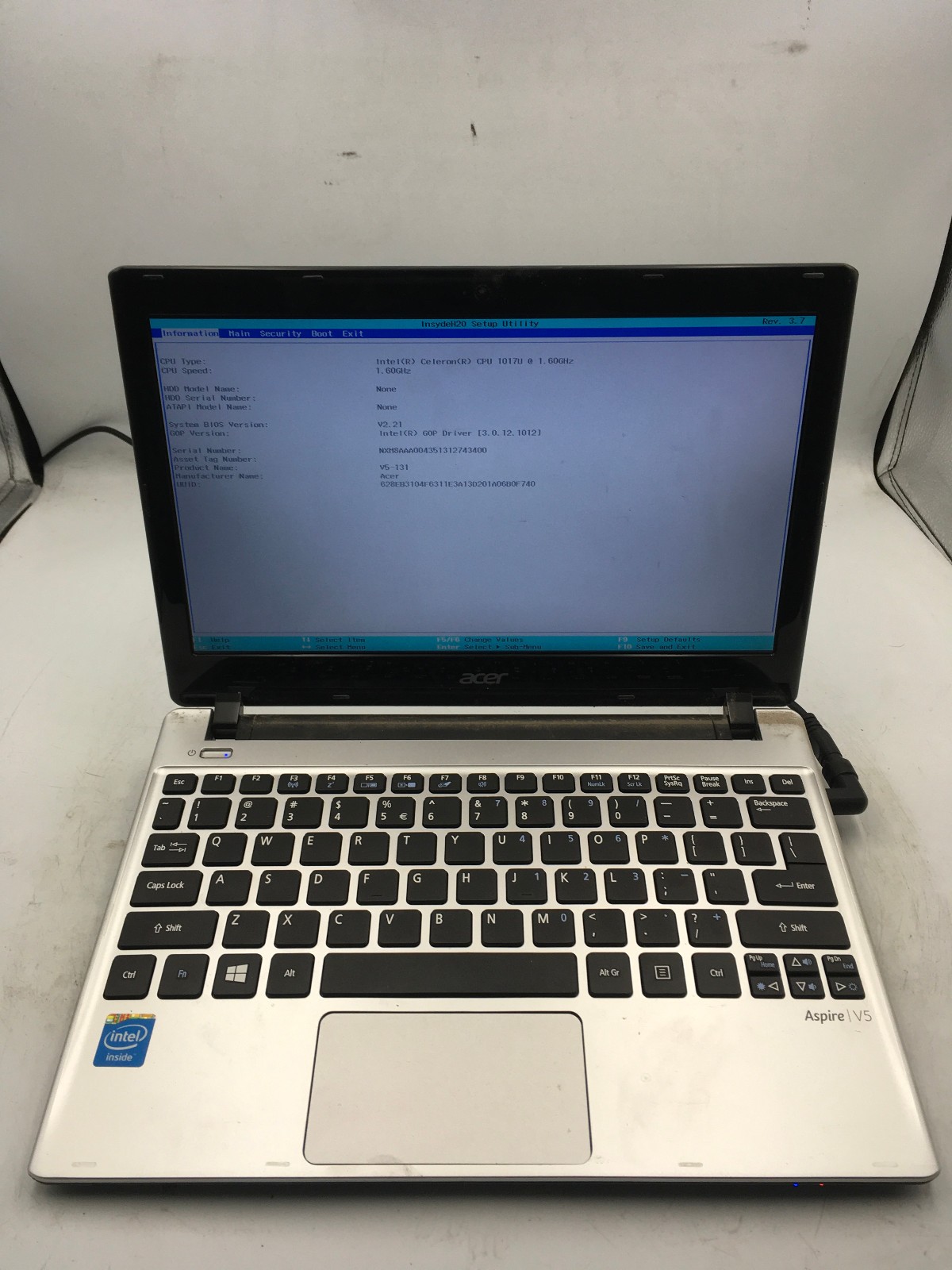 ACER ASPIRE V5 131 2680 – BOOTS TO BIOS – INTEL CELERON 1017U – 4GB RAM – BB