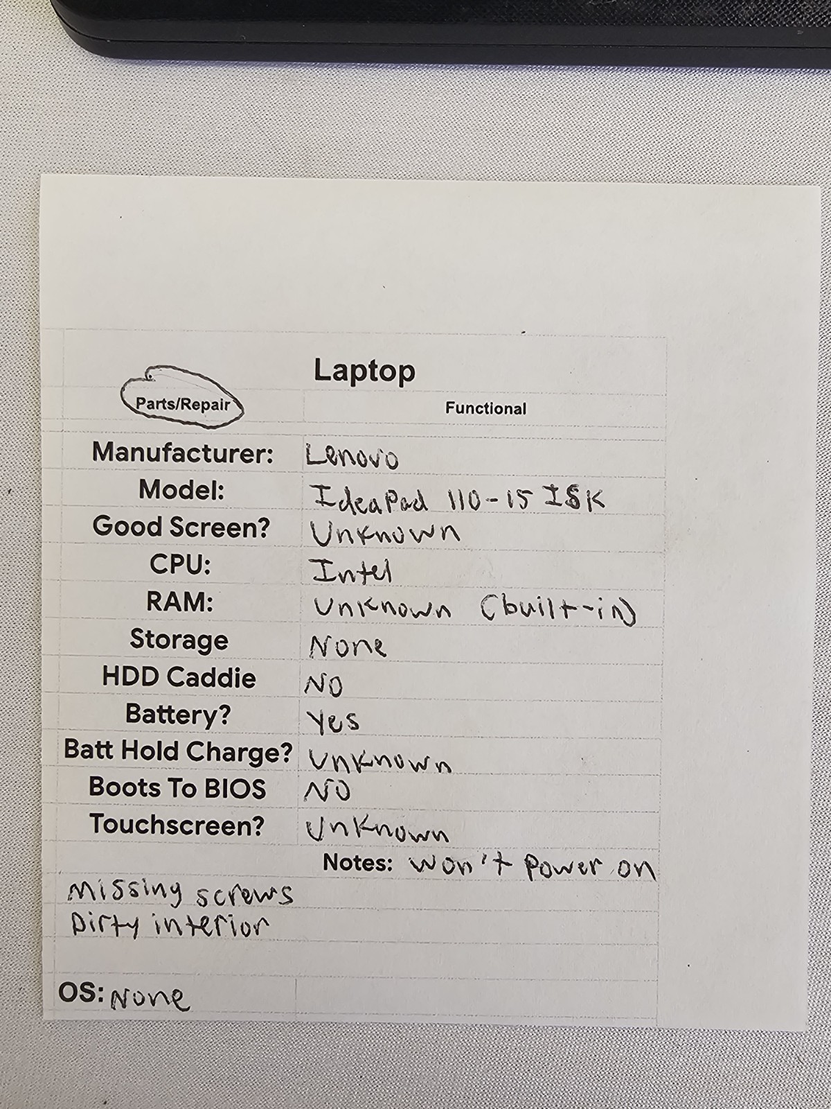 Lenovo IdeaPad 110-15ISK Laptop – WON’T POWER ON – Parts/Repair – Read Desc.