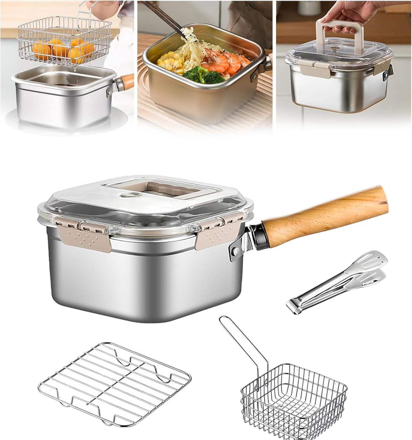 Stainless Steel Deep Fryer,Portable Outdoor Cooking Pot with Basket,Lid,Handle,A