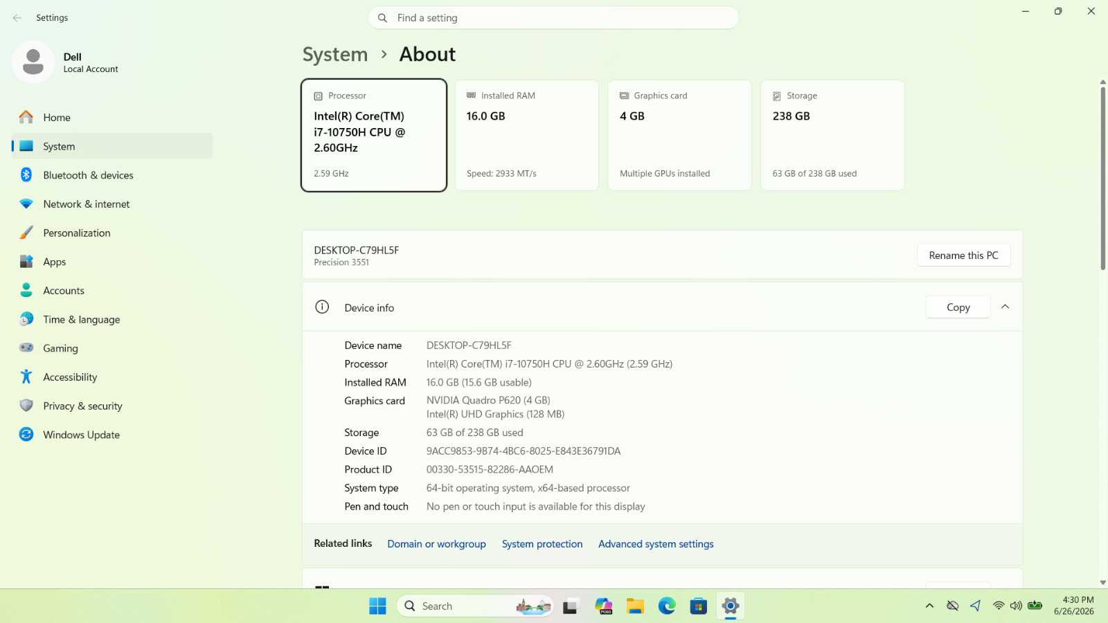 Dell Precision 15.6″ 3551 Intel i7-10850H☆16GB RAM☆256GB SSD☆NVIDIA P620☆Win11