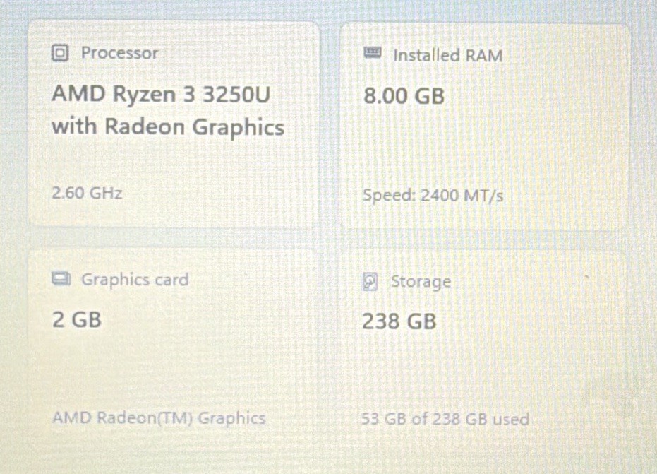 HP 15.6″ Laptop Ryzen 3 3250U 8GB RAM 238GB SSD Win 10 Silver