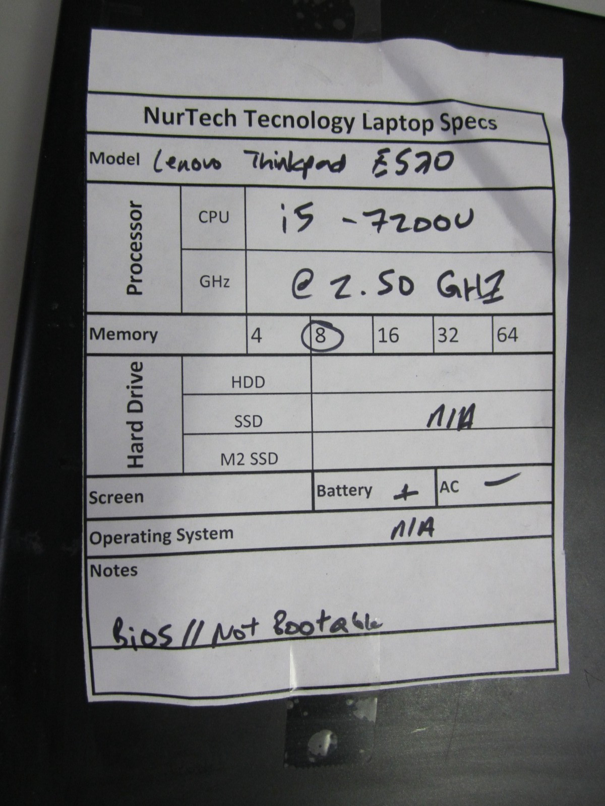 Lenovo ThinkPad E570 i5 7200U 2.50GHZ 8GB NO HDD/AC/OS LAPTOP BIOS