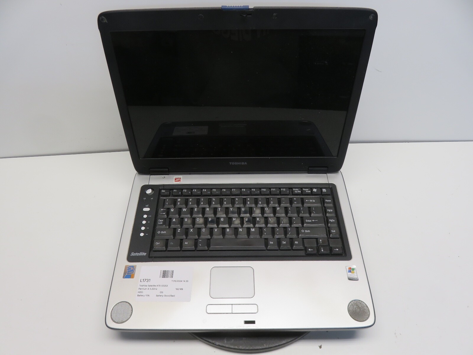 Toshiba Satellite A75-S1253 Pentium 4 3.2GHz 192 MB NO HDD No Batt