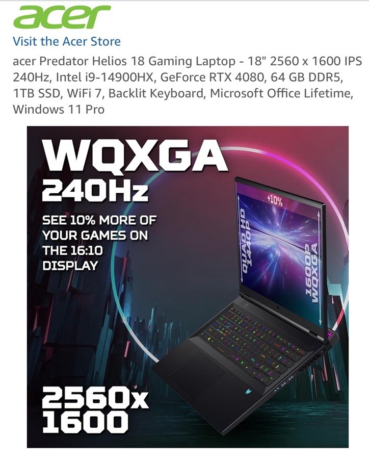 Acer Predator Helios 18 18in i9-14900HX RTX 4080 64GB 1TB SSD W11 Pro